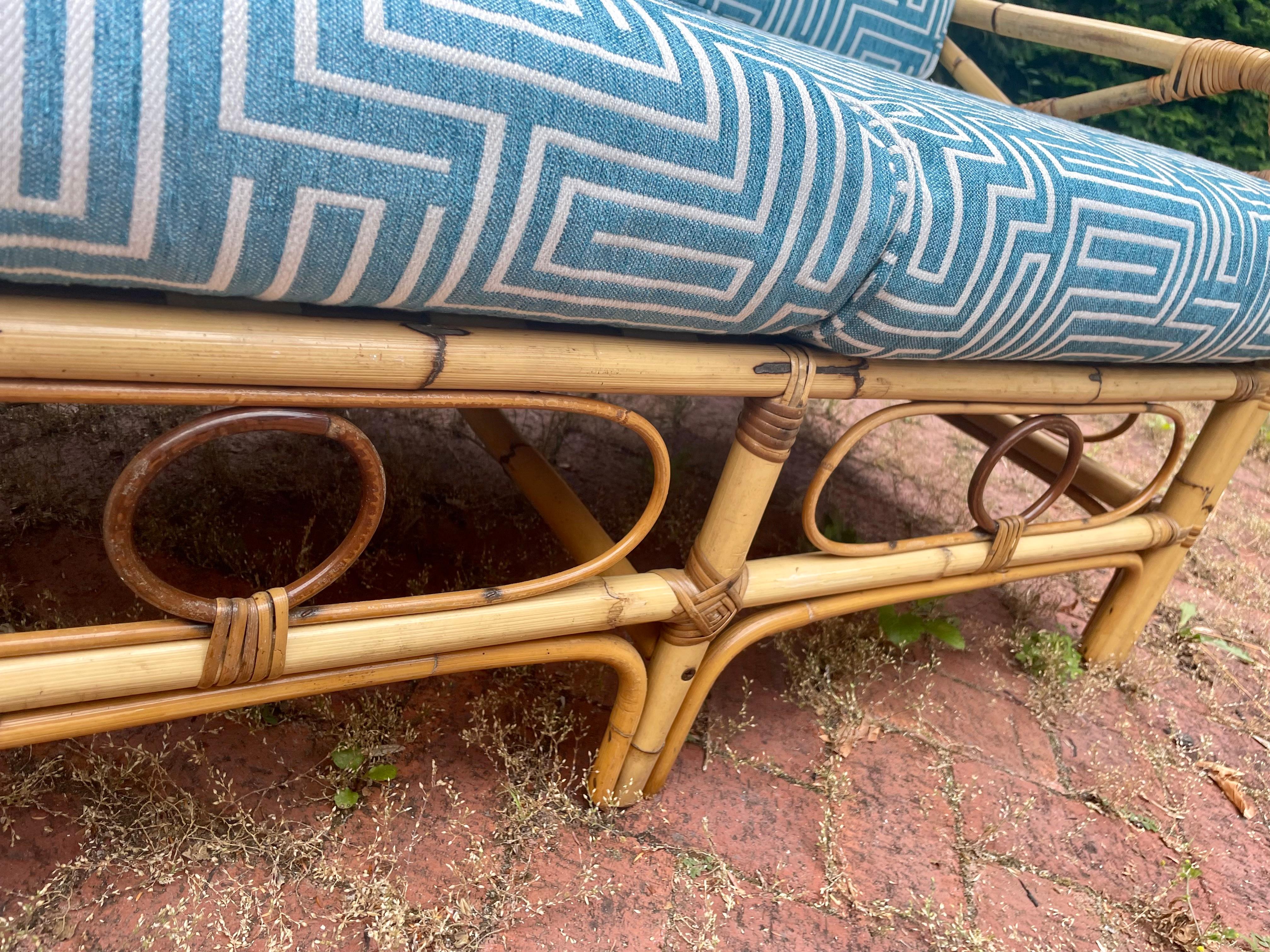 Vintage Rattan Sofa with New Luxury Upholstery In Good Condition For Sale In Rochester, NY