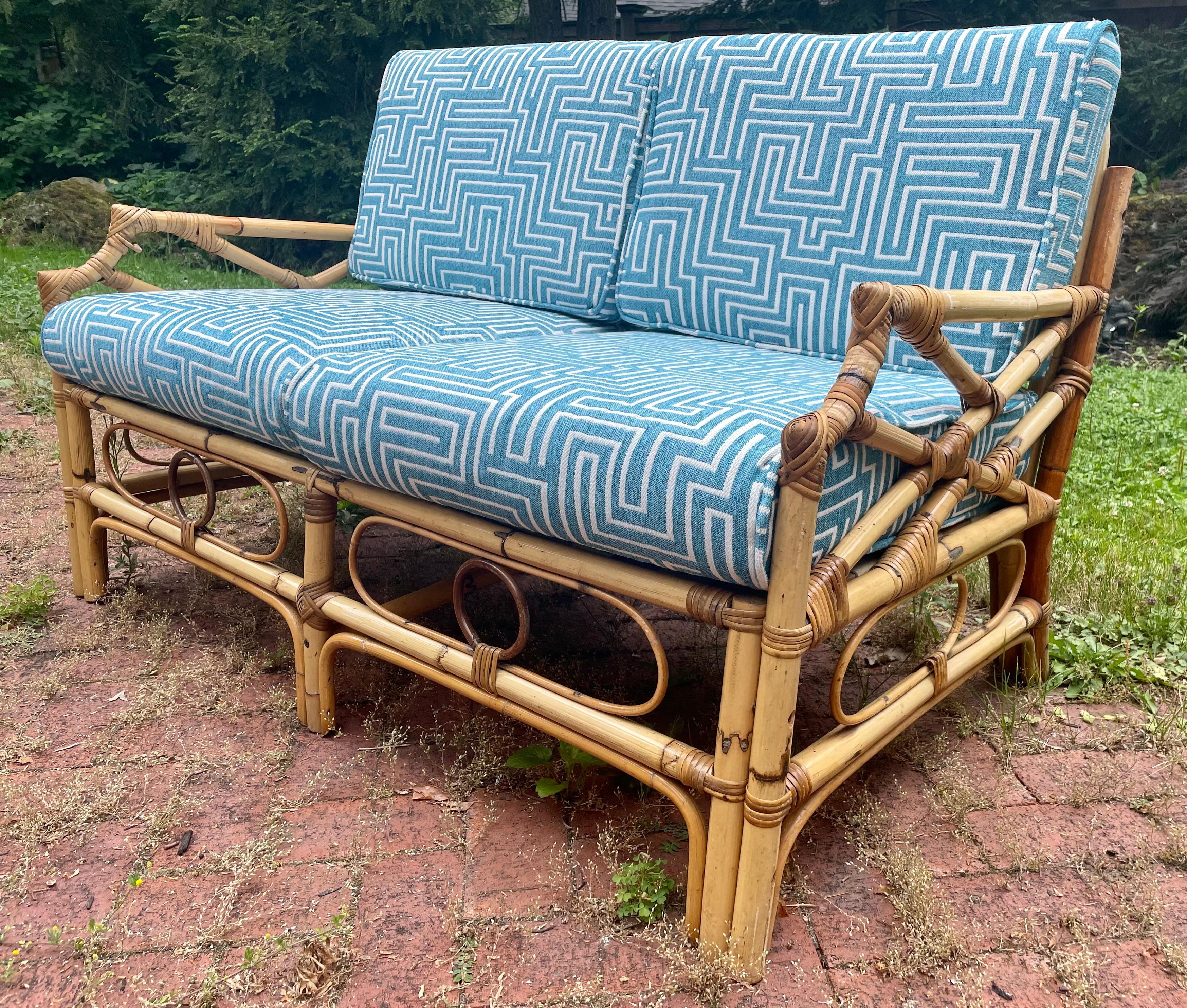 20th Century Vintage Rattan Sofa with New Luxury Upholstery For Sale