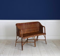 Vintage Rattan Sofa with Red and Black Woven Details, France, 1930s