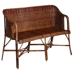 Vintage Rattan Sofa with Red and Black Woven Details, France, 1930s