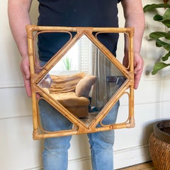 Vintage Rattan Square Diamond Mirror, 70’s