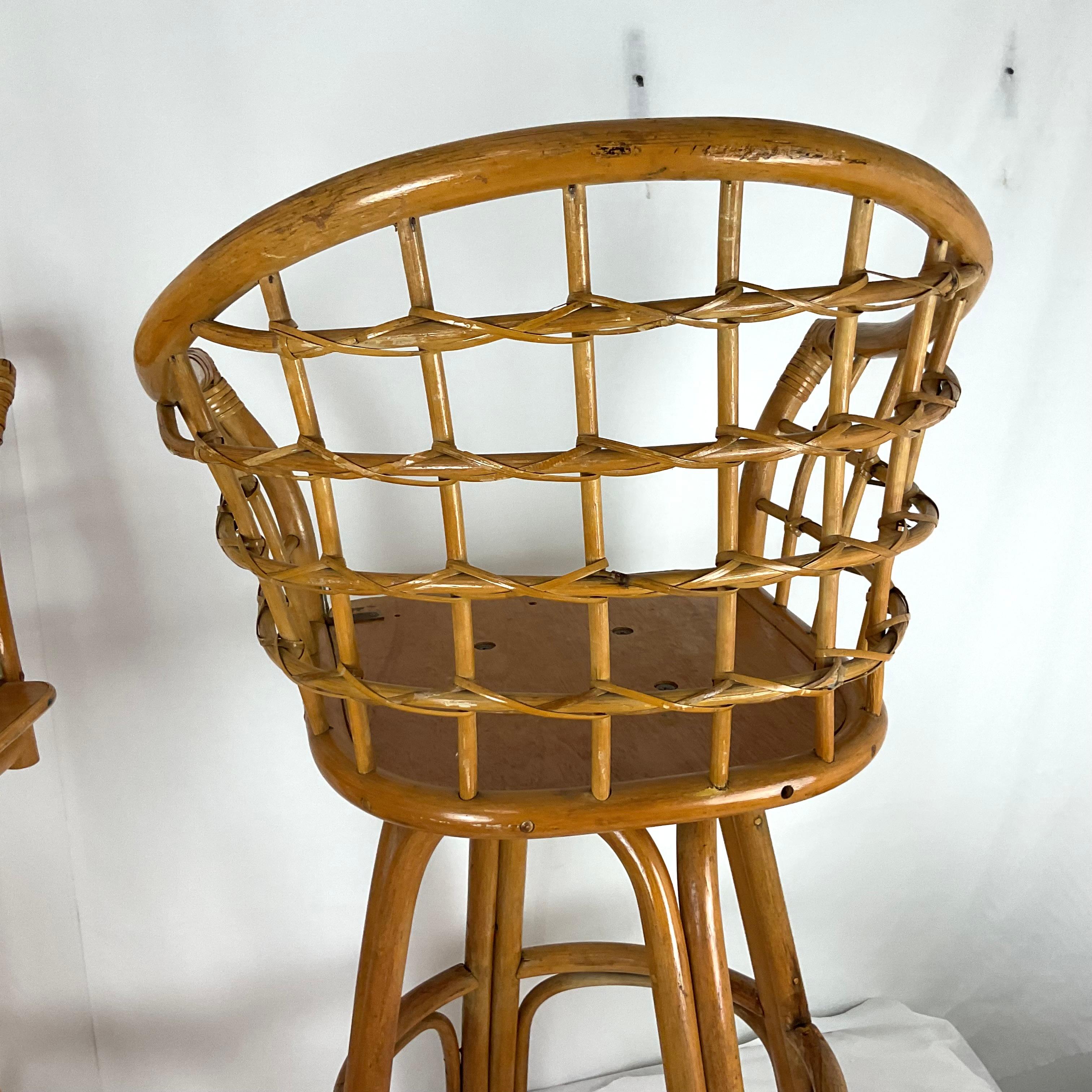 Mid-20th Century Vintage Rattan Swivel Bar Stools Set of 2 For Sale