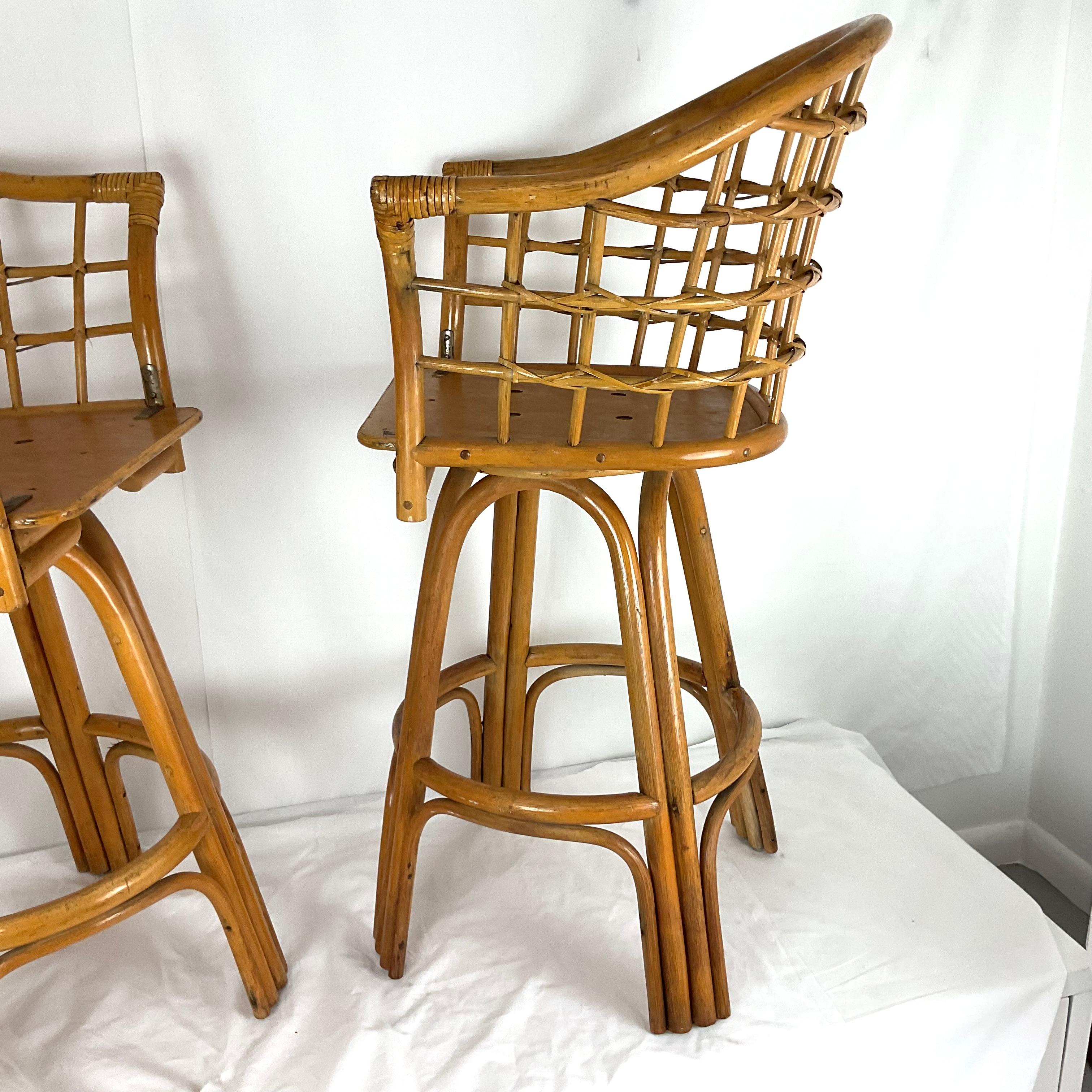 Bamboo Vintage Rattan Swivel Bar Stools Set of 2 For Sale