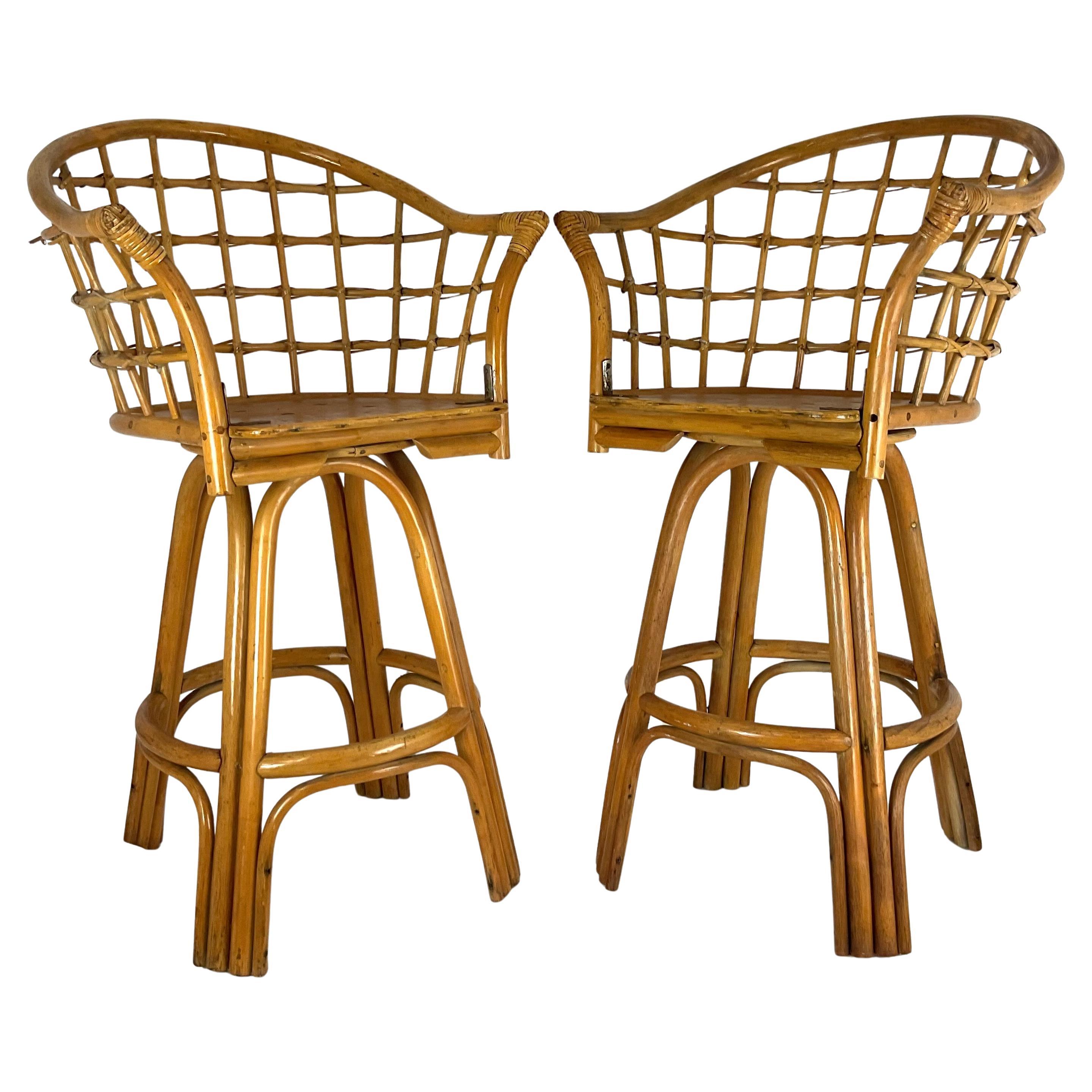 Vintage Rattan Swivel Bar Stools Set of 2