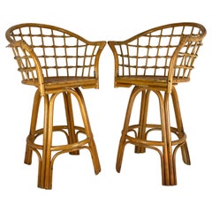 Vintage Rattan Swivel Bar Stools Set of 2