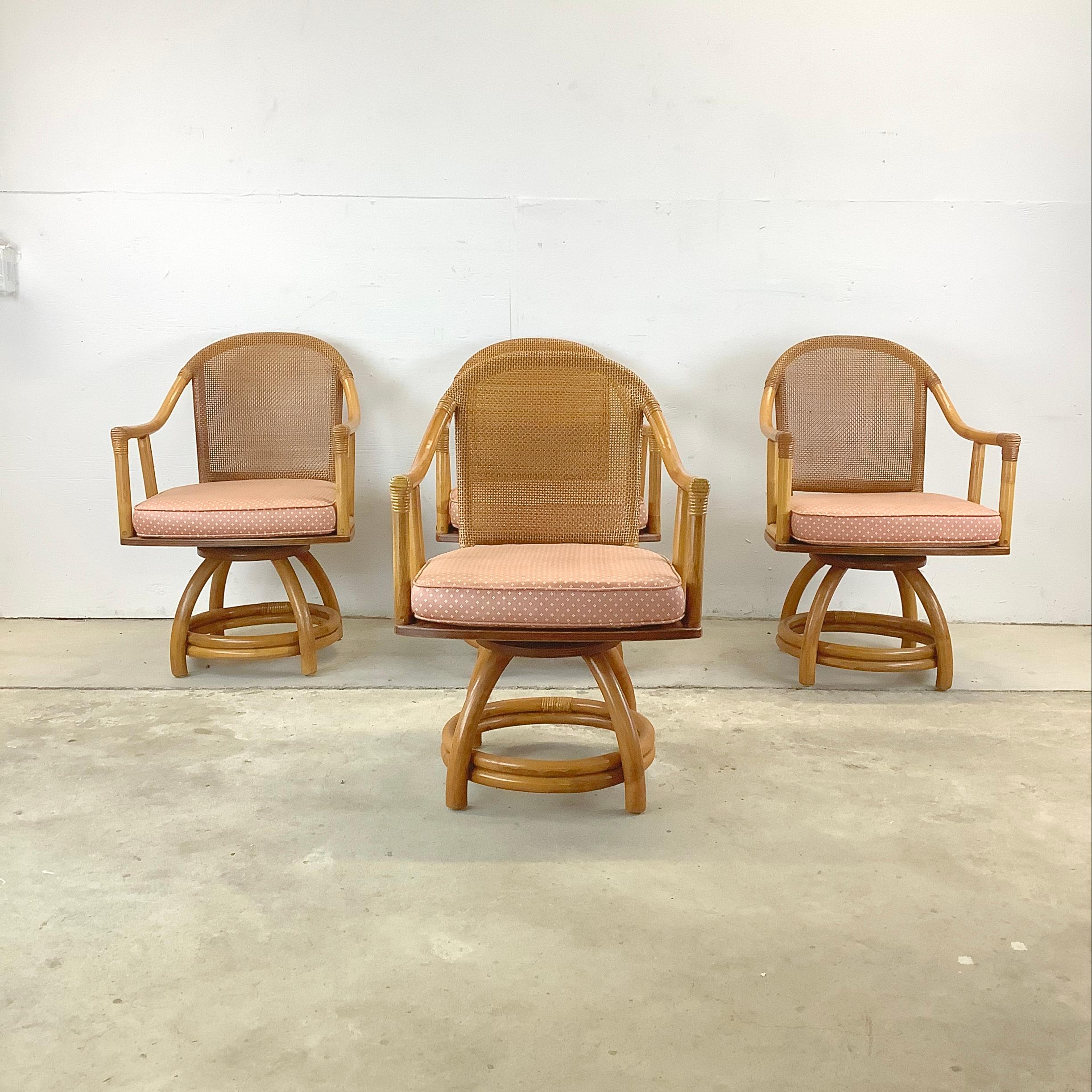 This Set of Four Mid-Century Rattan Armchairs offer  a charming blend of comfort, style, and nostalgia that brings a touch of vintage elegance to your living space. Crafted in the iconic Ficks Reed style, these armchairs exude mid-century flair with