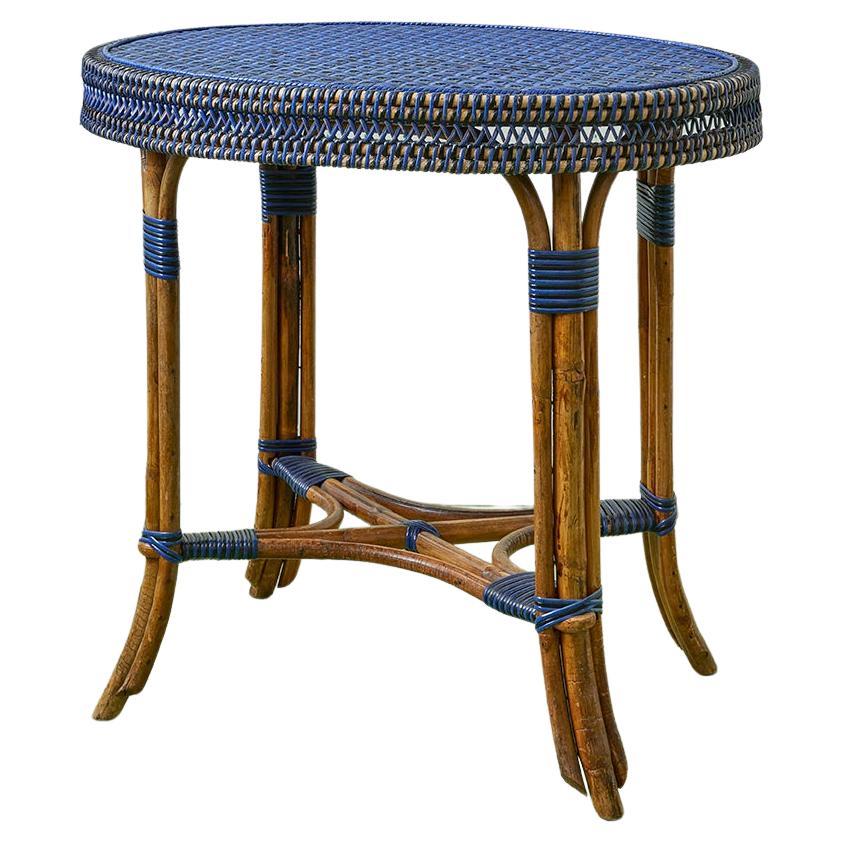 Vintage Rattan Table in Black and Blue, France, Early 20th Century