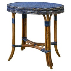 Antique Rattan Table in Black and Blue, France, Early 20th Century
