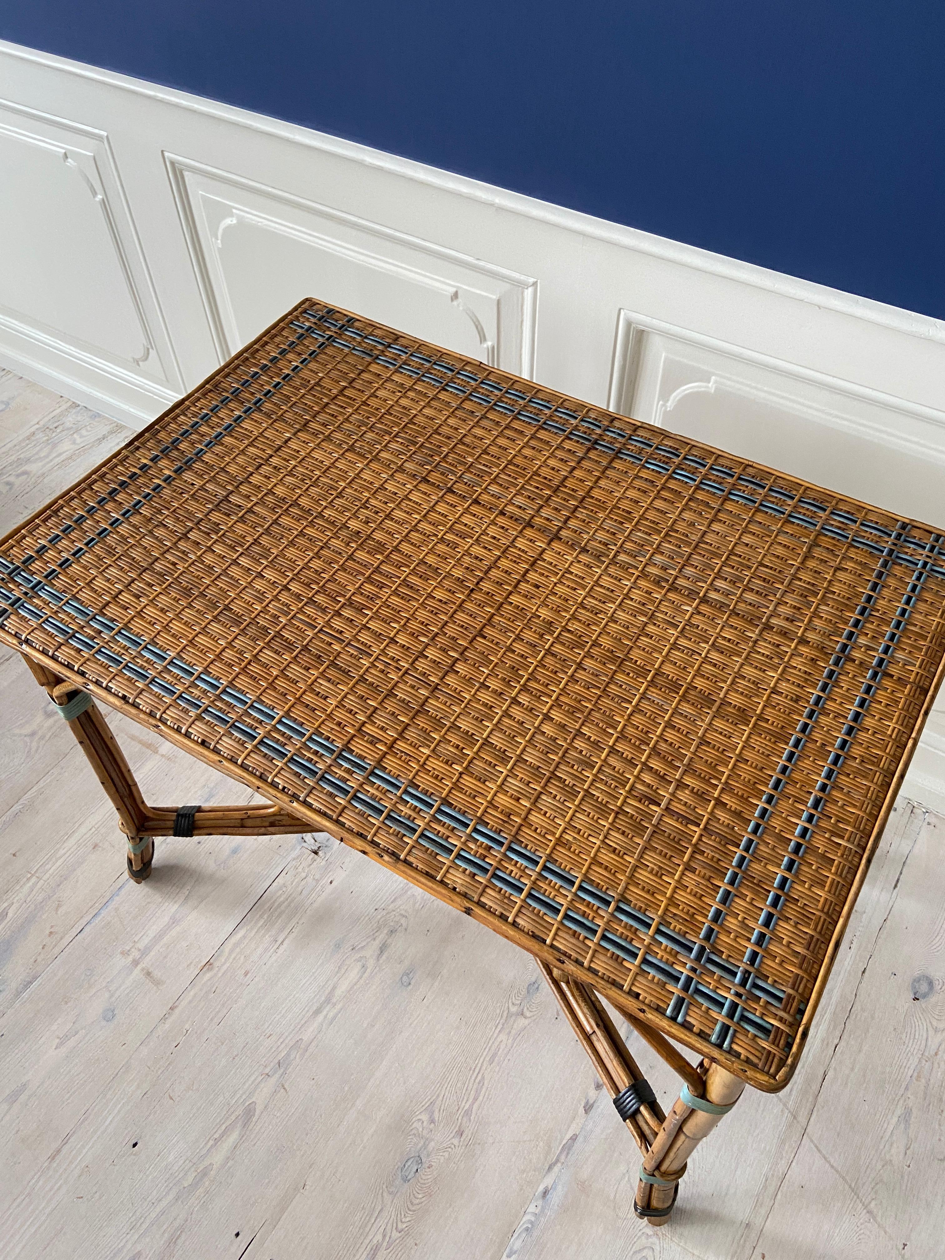 Vintage Rattan Table with Blue Woven Details, France, 1940's 6
