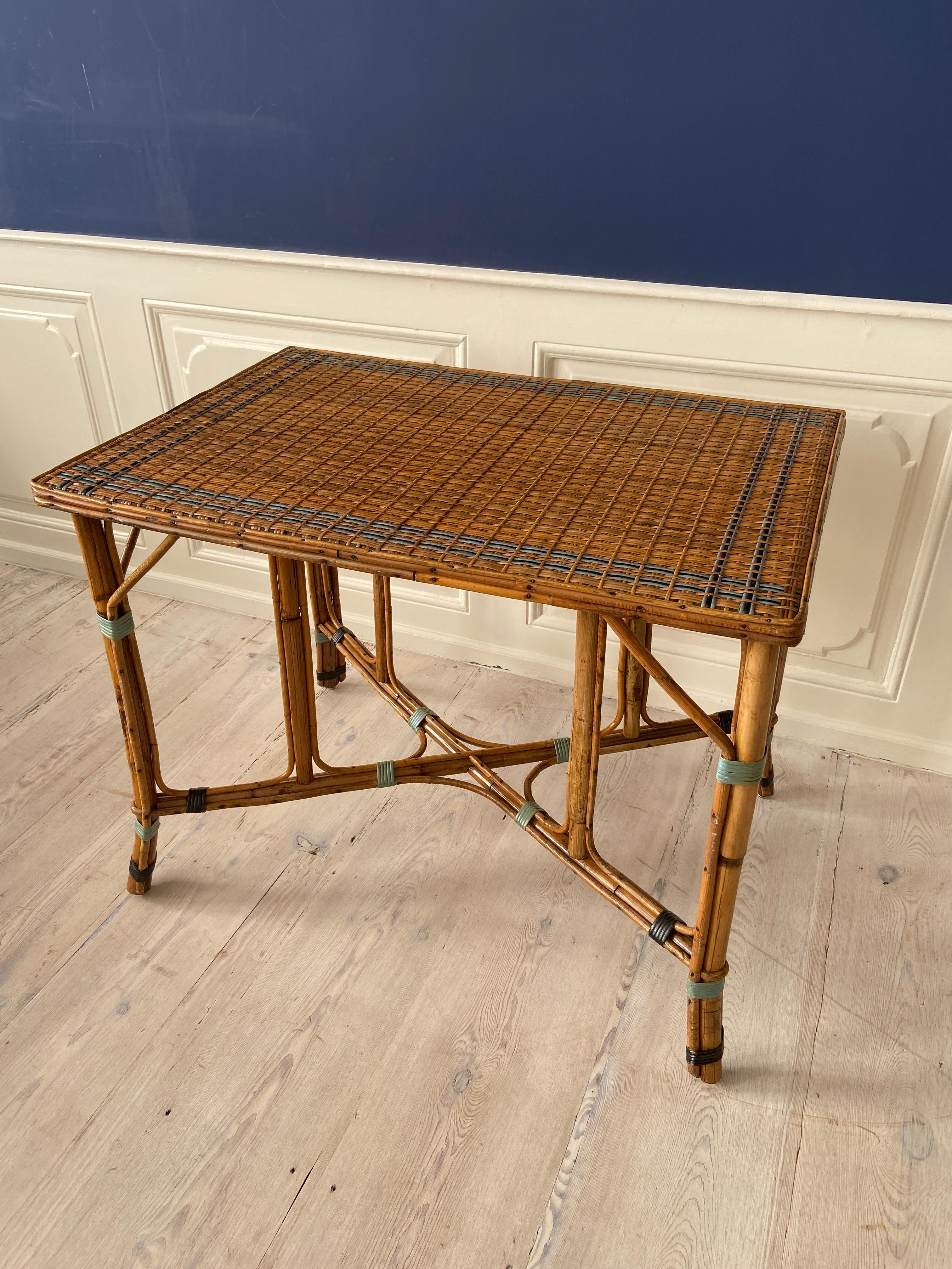 French Vintage Rattan Table with Blue Woven Details, France, 1940's