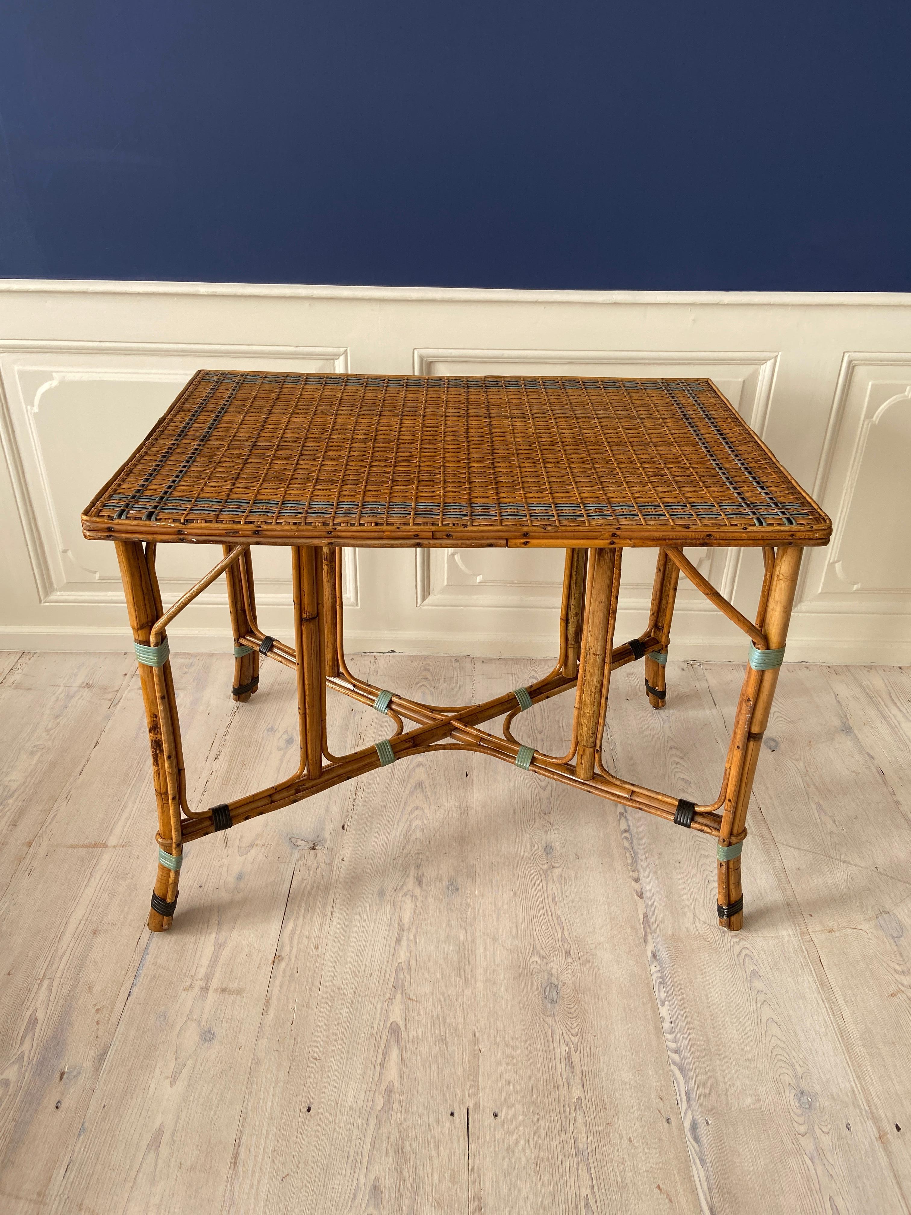 Vintage Rattan Table with Blue Woven Details, France, 1940's In Good Condition In Copenhagen K, DK