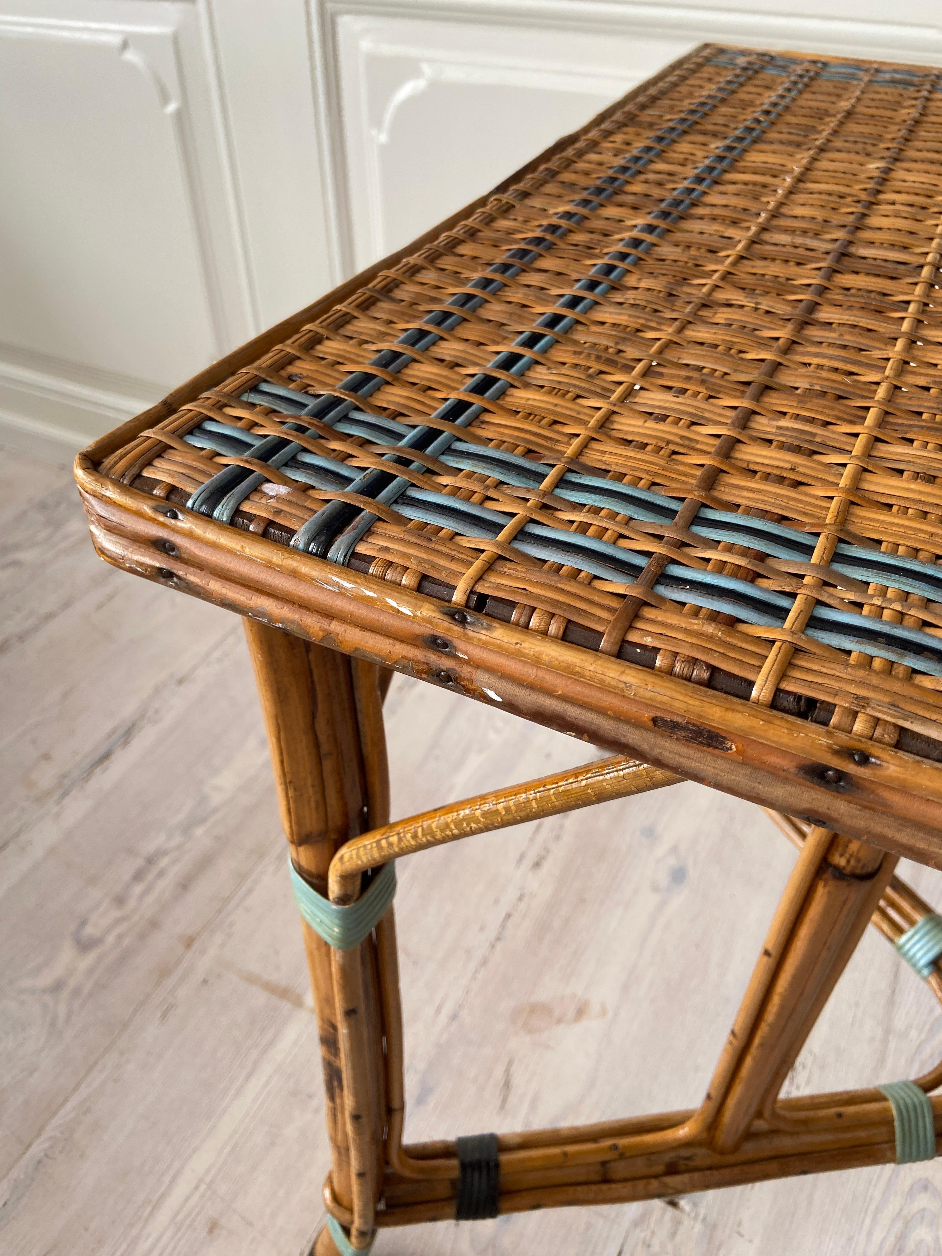 Mid-20th Century Vintage Rattan Table with Blue Woven Details, France, 1940's