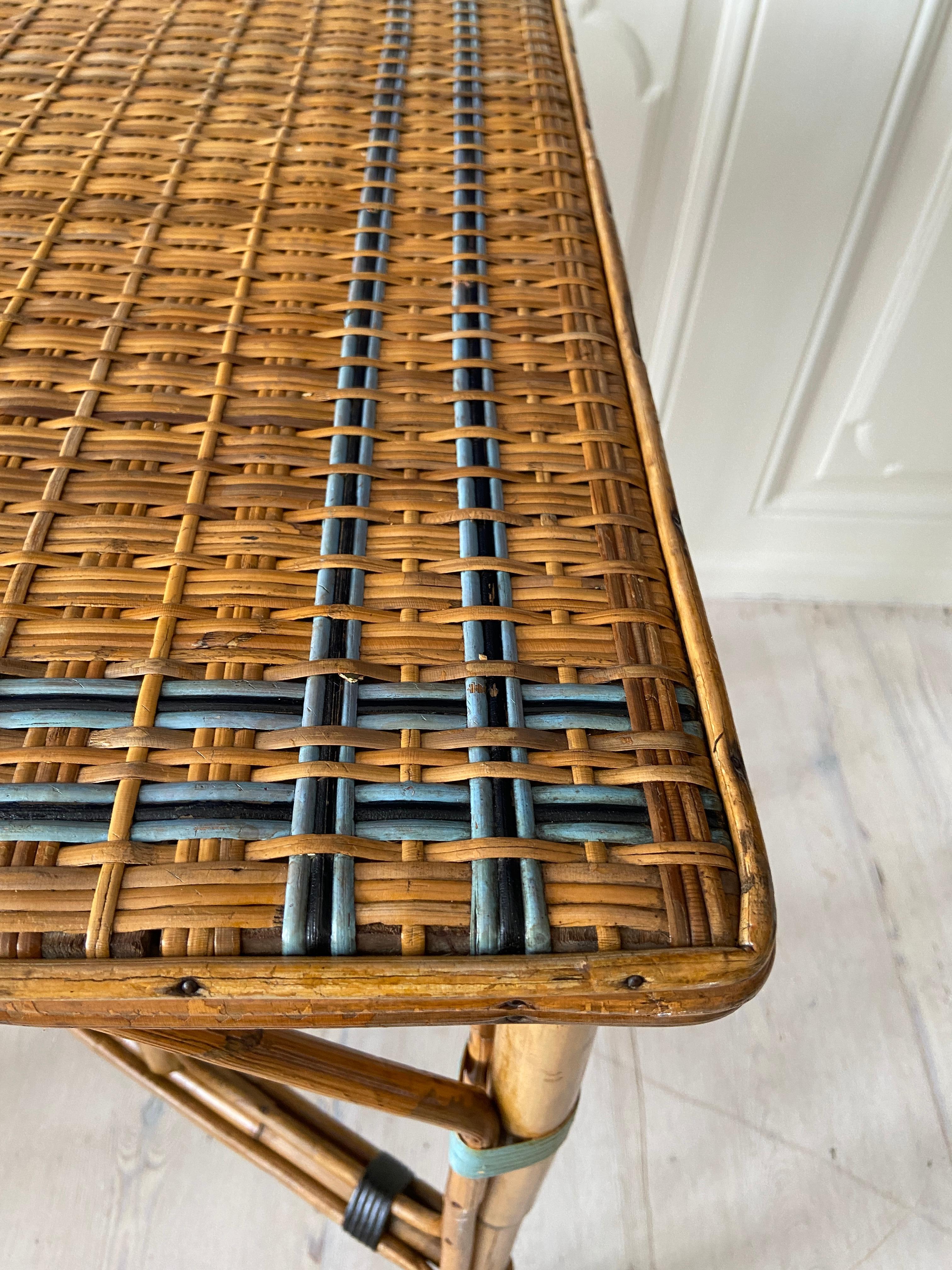 Vintage Rattan Table with Blue Woven Details, France, 1940's 3