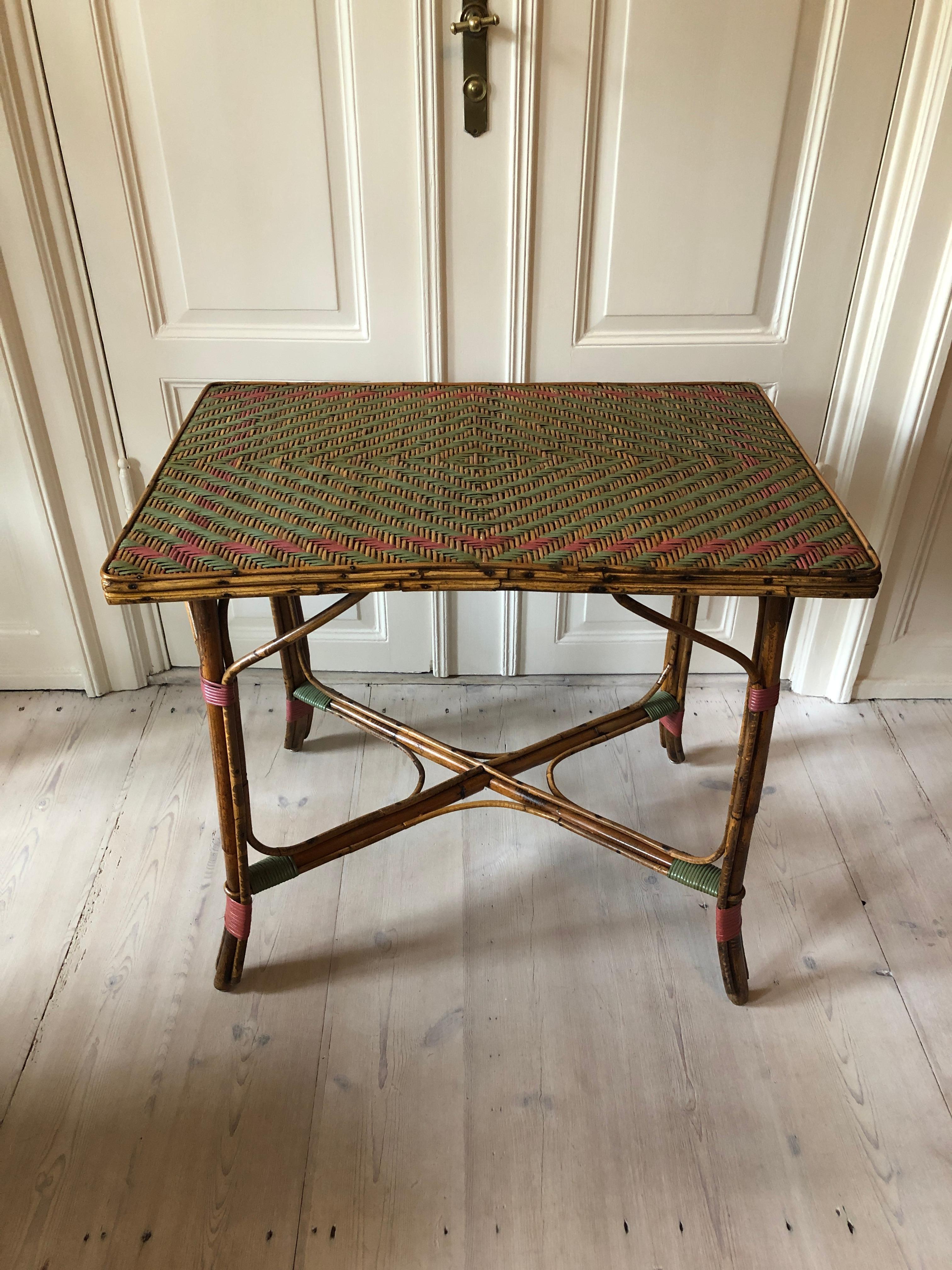 French Vintage Rattan Table with Elegant Coral and Green Woven Details, France, 1930s