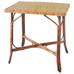 Vintage Rattan Table with Elegant Coral and Green Woven Details, France, 1930s