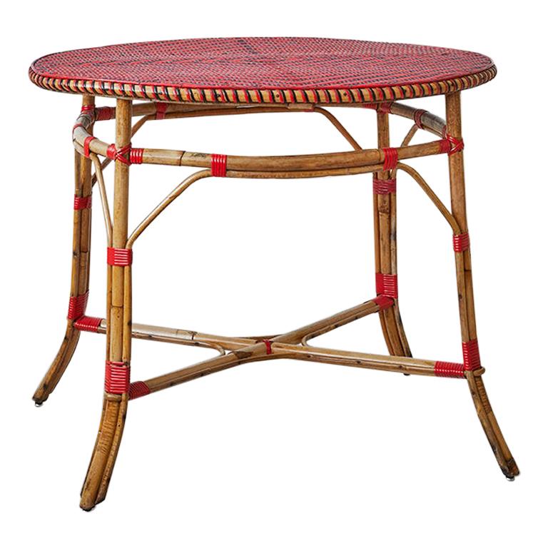 Vintage Rattan Table with Elegant Red Woven Details, France, Early 20th-Century