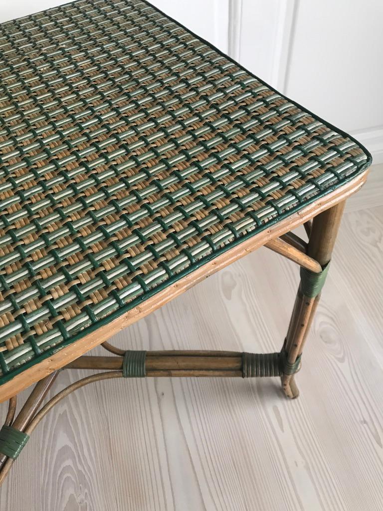 Mid-20th Century Vintage Rattan Table with White and Green Woven Details, France, 1930s