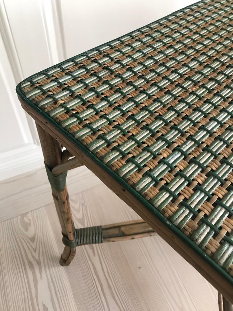 Vintage Rattan Table with White and Green Woven Details, France, 1930s 1