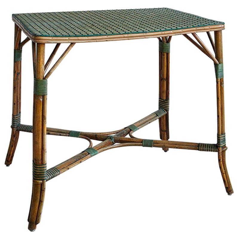 Vintage Rattan Table with White and Green Woven Details, France, 1930s