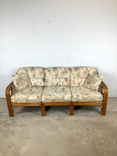 Vintage Rattan Three-Seat Sofa, Diamond Lattice Arm Panels