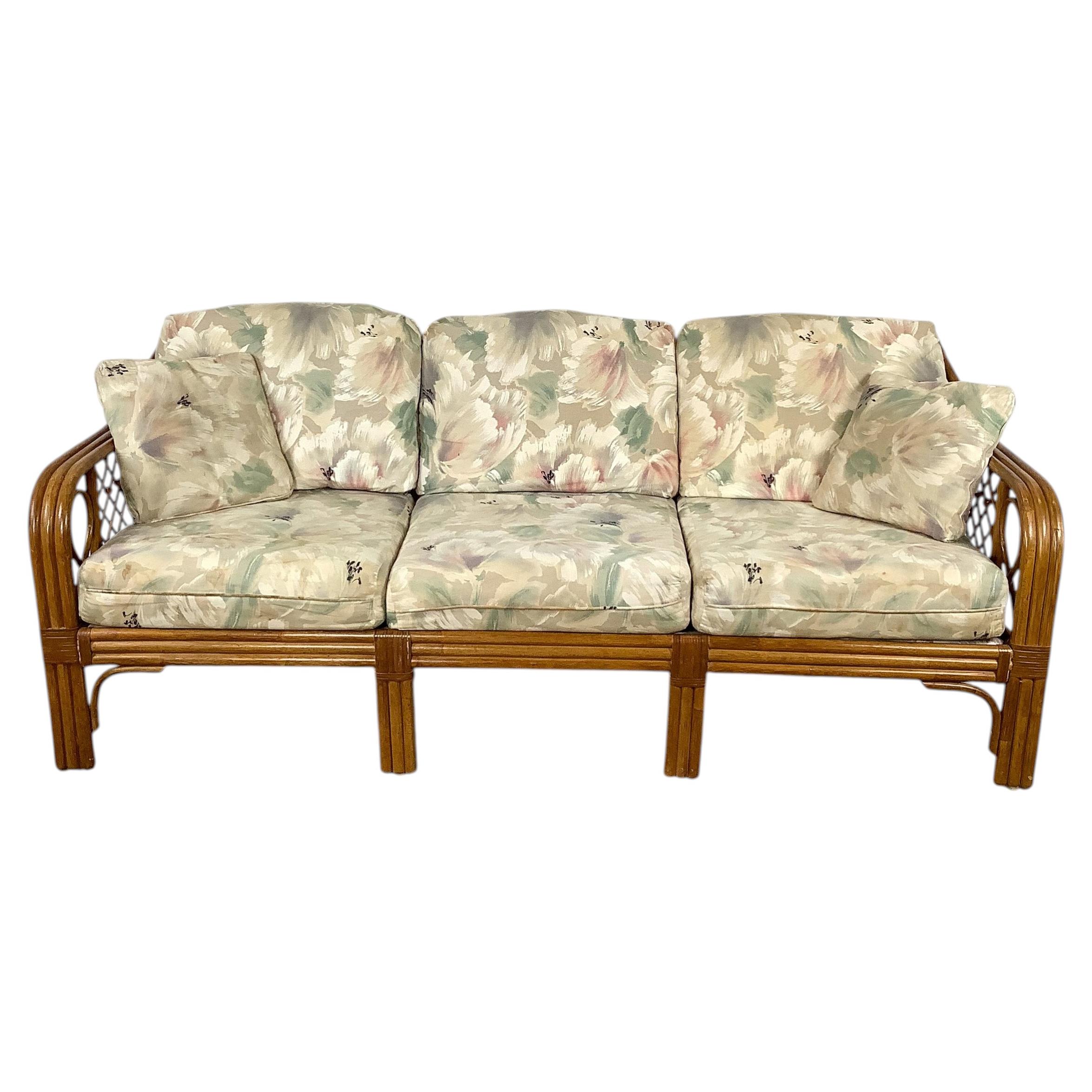 Vintage Rattan Three-Seat Sofa, Diamond Lattice Arm Panels