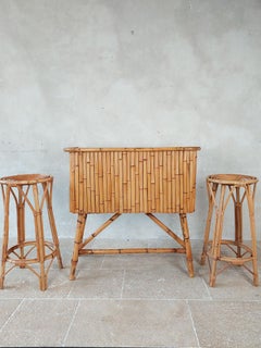 Vintage Rattan Tiki Bar Set with two Rattan Stools