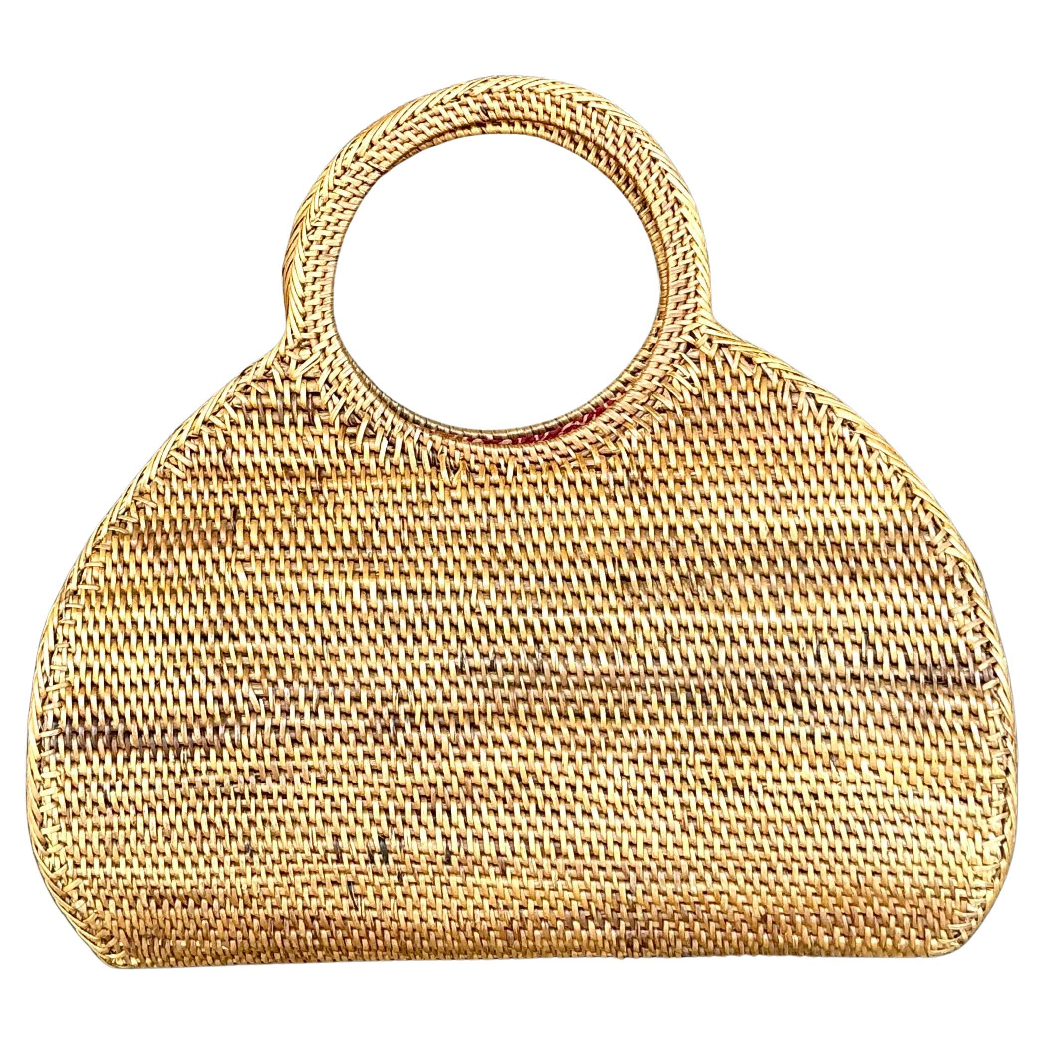 Vintage Rattan Top Handle Tote Bag