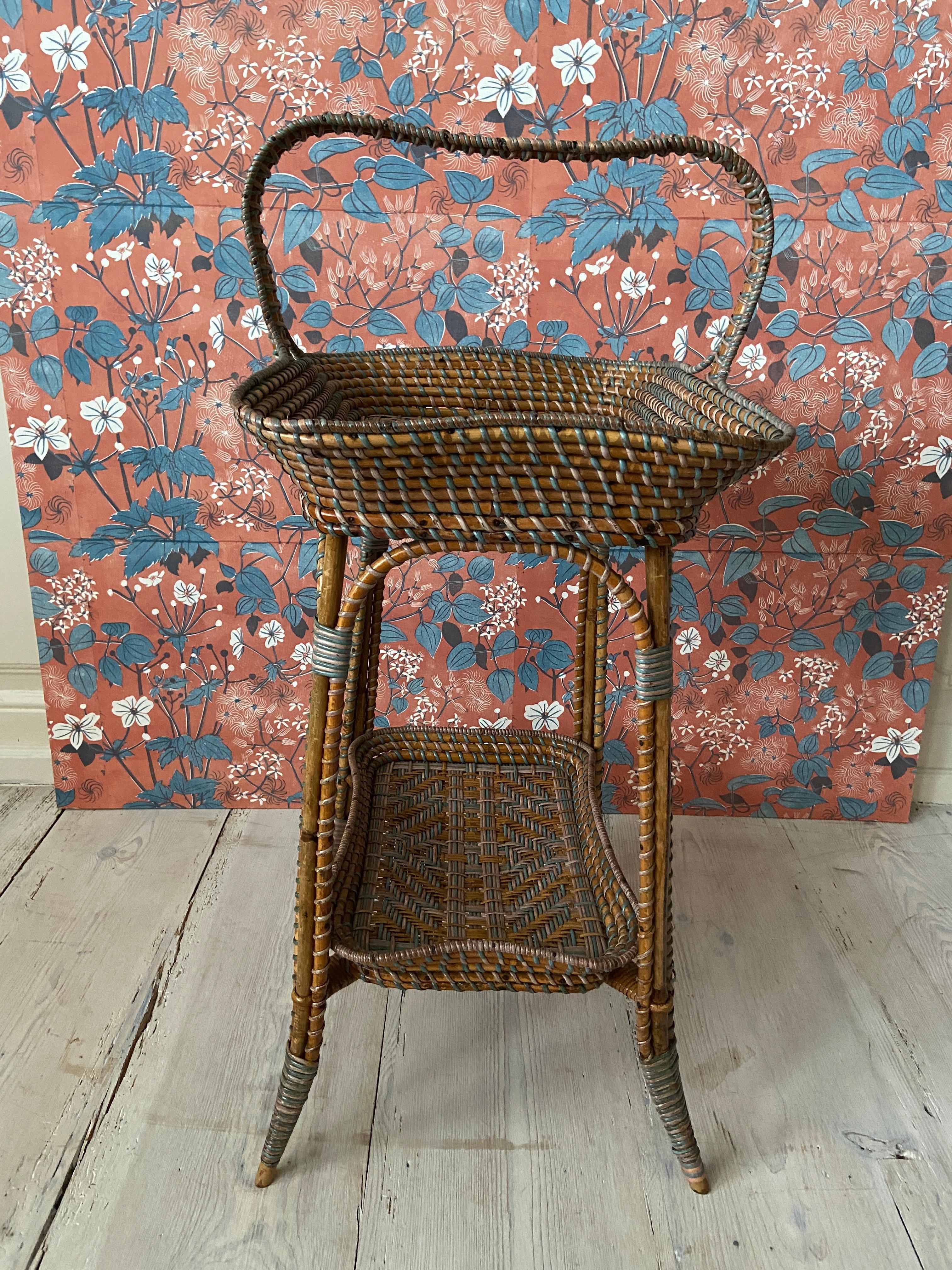 Vintage Rattan Tray Table with Elegant Blue Woven Details, France, 1930's In Good Condition In Copenhagen K, DK