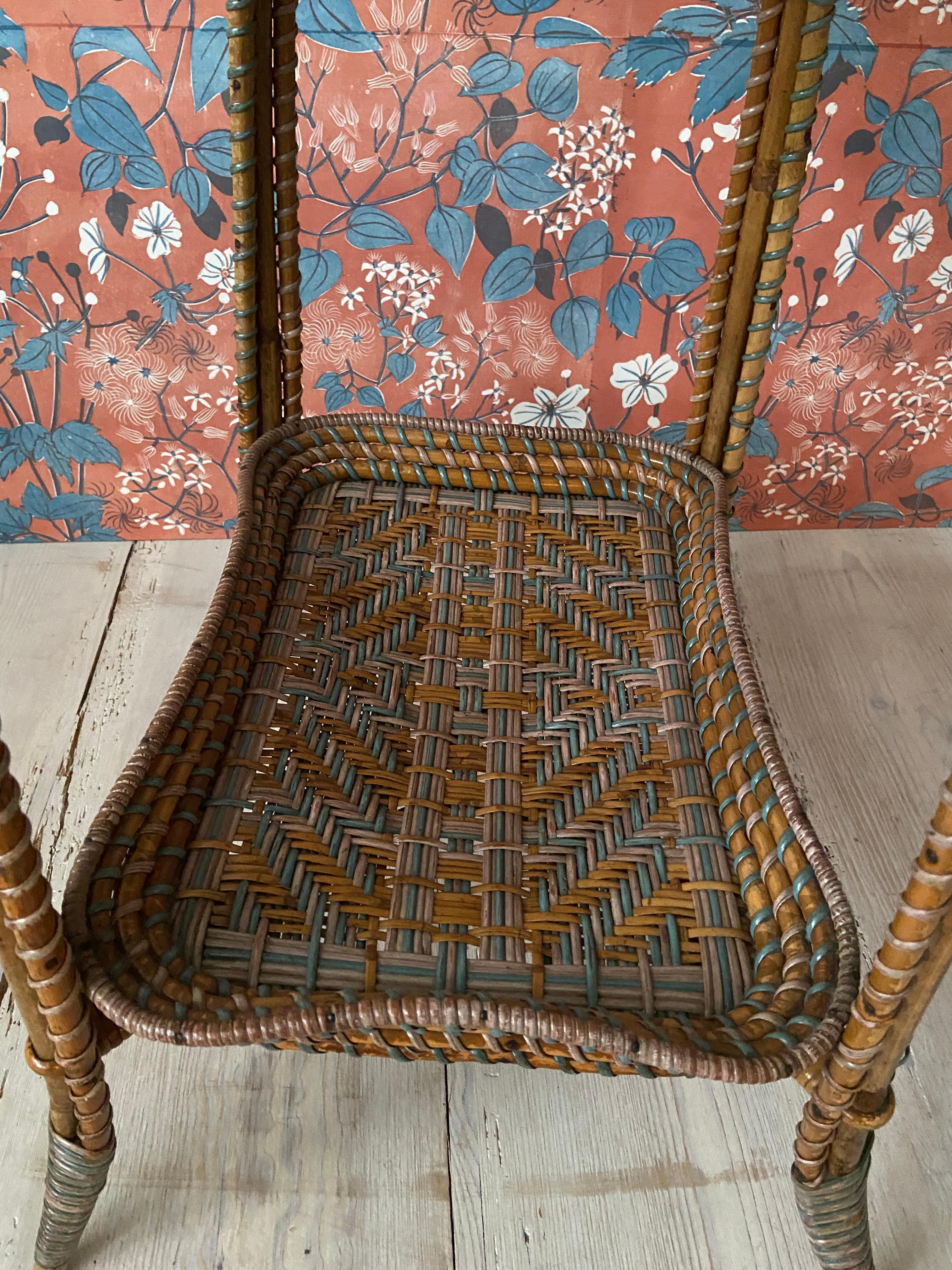 Vintage Rattan Tray Table with Elegant Blue Woven Details, France, 1930's 2