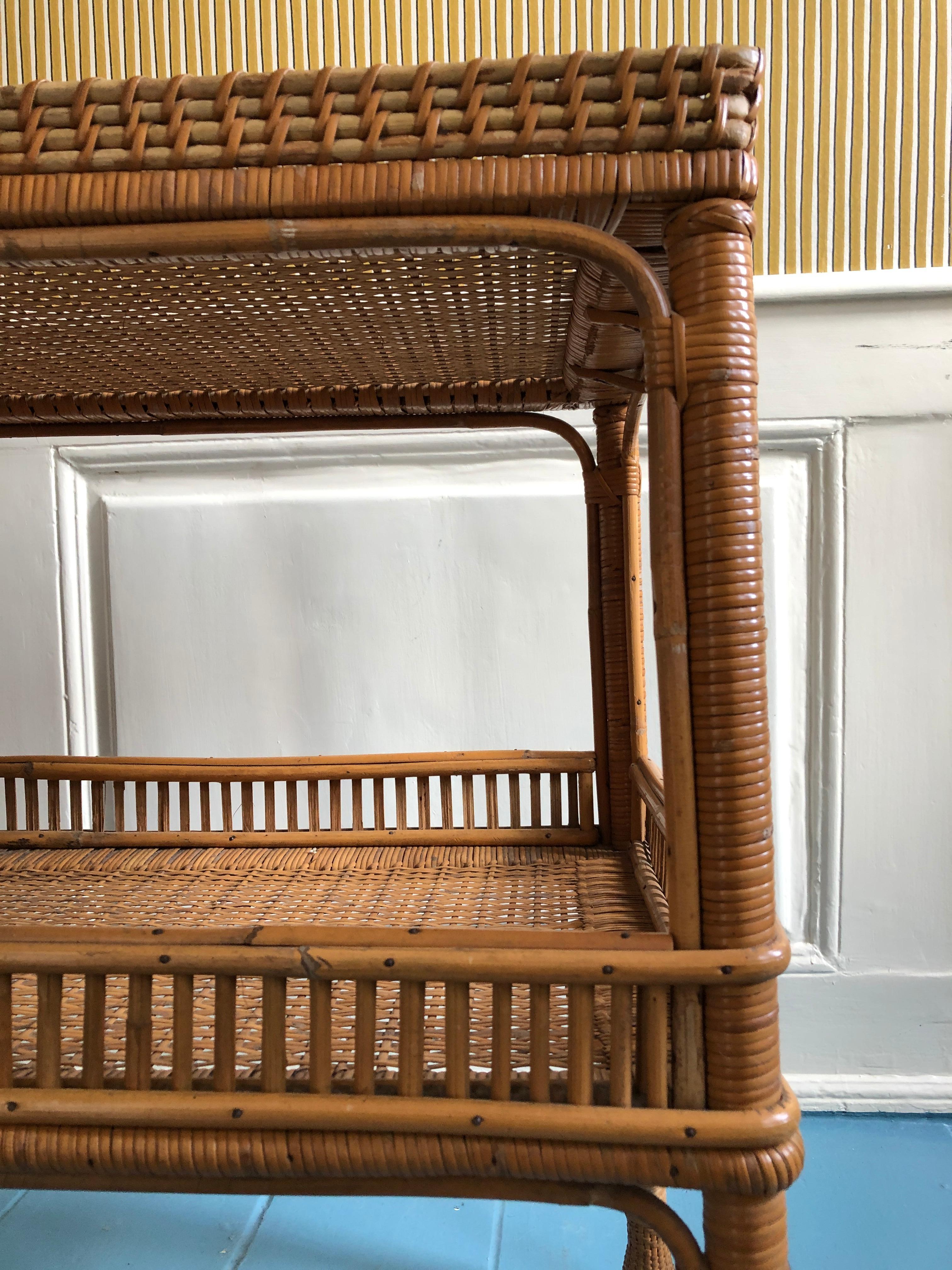 Vintage Rattan Two-Tier Tray Table with Woven Details, France, 1930s 5