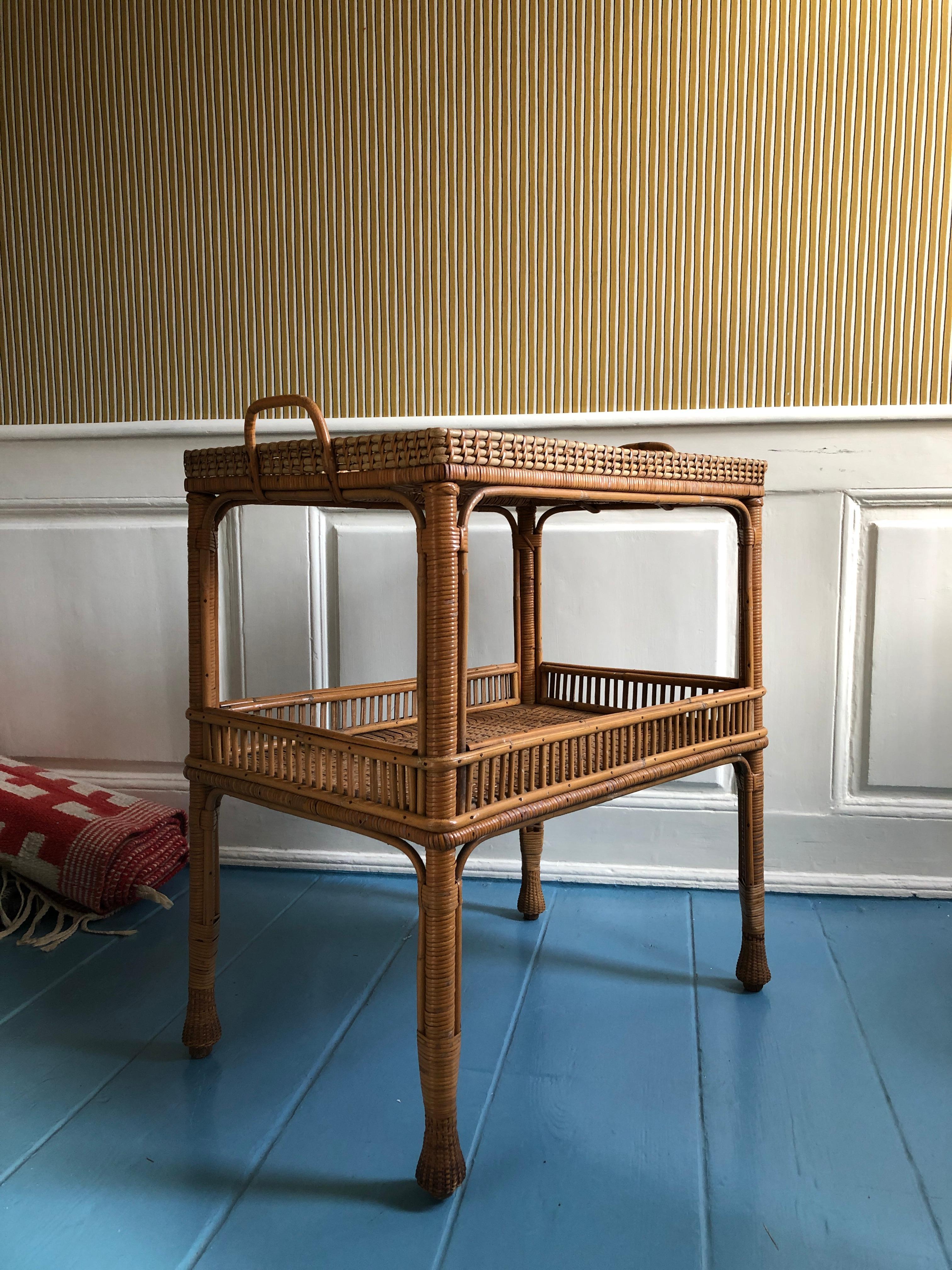 Vintage Rattan Two-Tier Tray Table with Woven Details, France, 1930s In Good Condition In Copenhagen K, DK