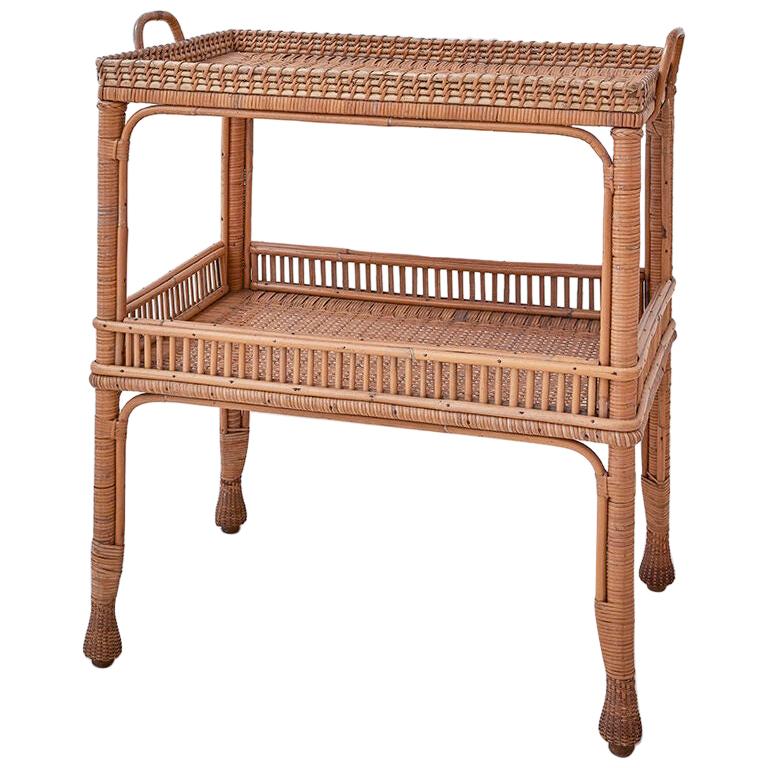 Vintage Rattan Two-Tier Tray Table with Woven Details, France, 1930s