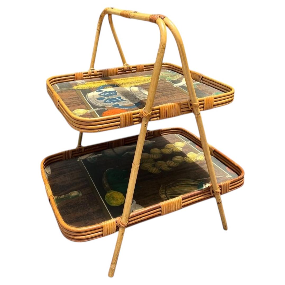 Vintage Rattan Two-Tiered Tray Stand For Sale