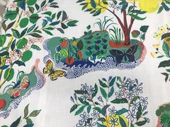 Vintage Rattan White Harp Daybed With Schumacher Fabric and  Brass Finials