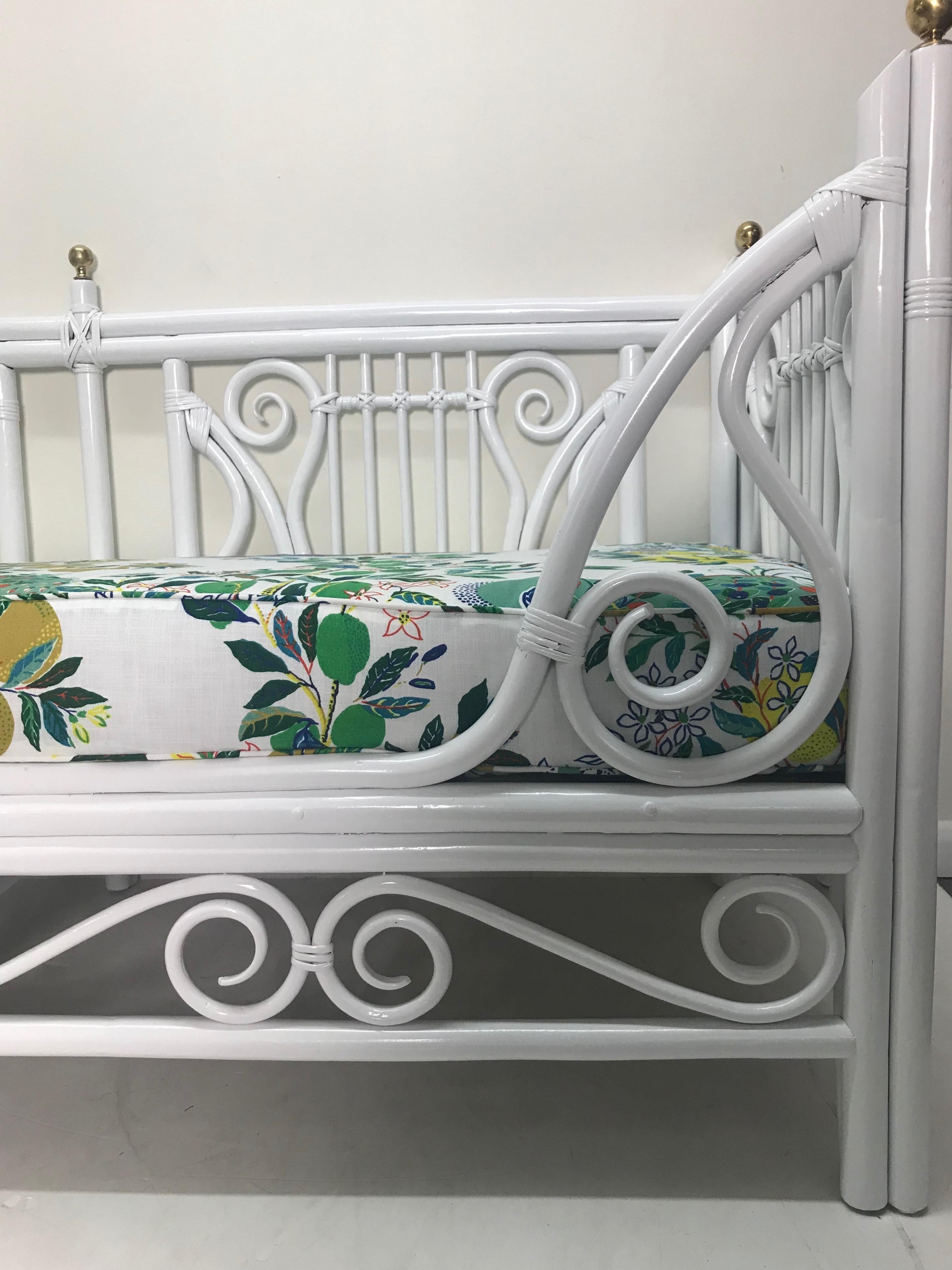 Mid-20th Century Vintage Rattan White Harp Daybed With Schumacher Fabric and  Brass Finials