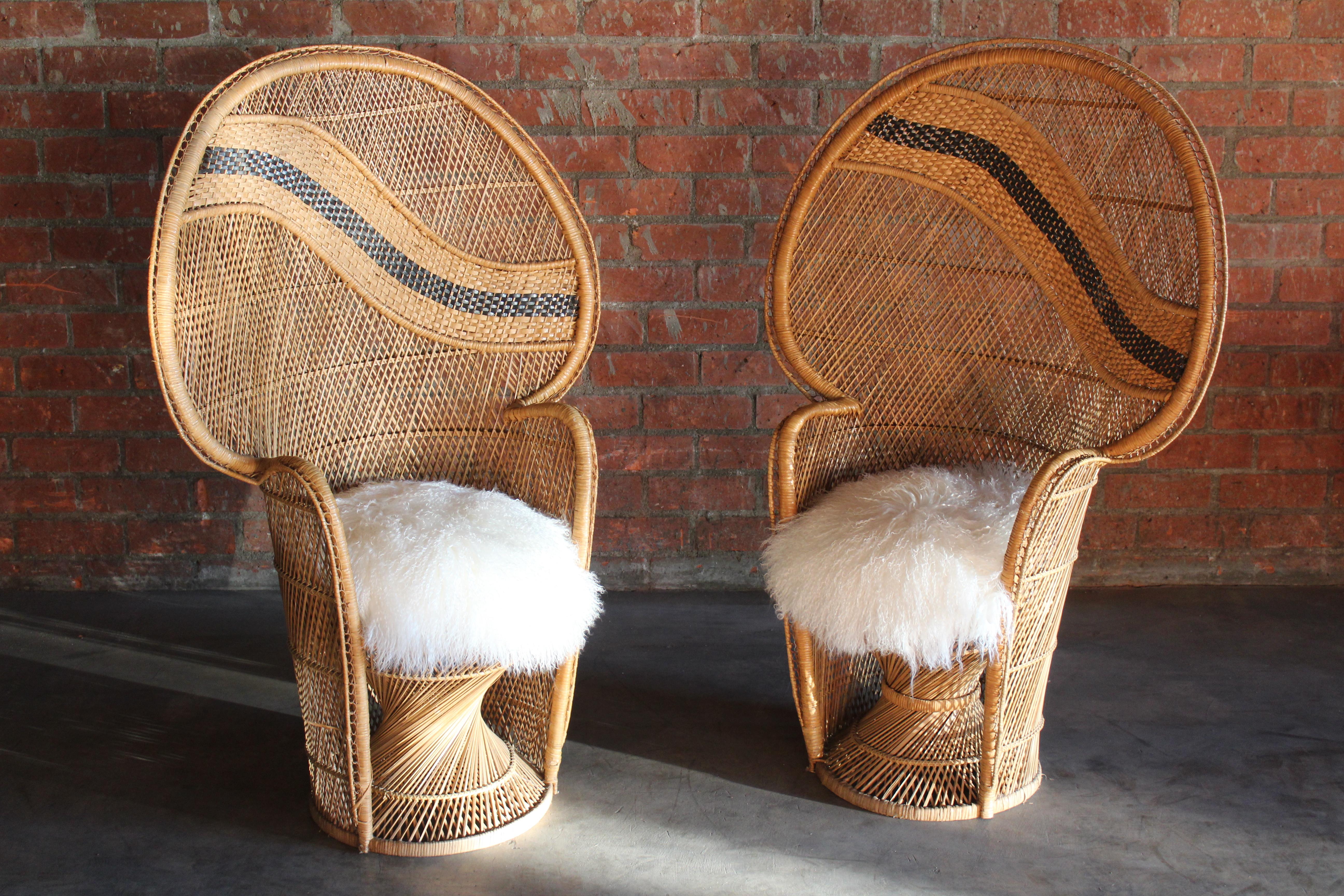 French Vintage Rattan & Wicker Emmanuelle Peacock Chairs, France, 1960s
