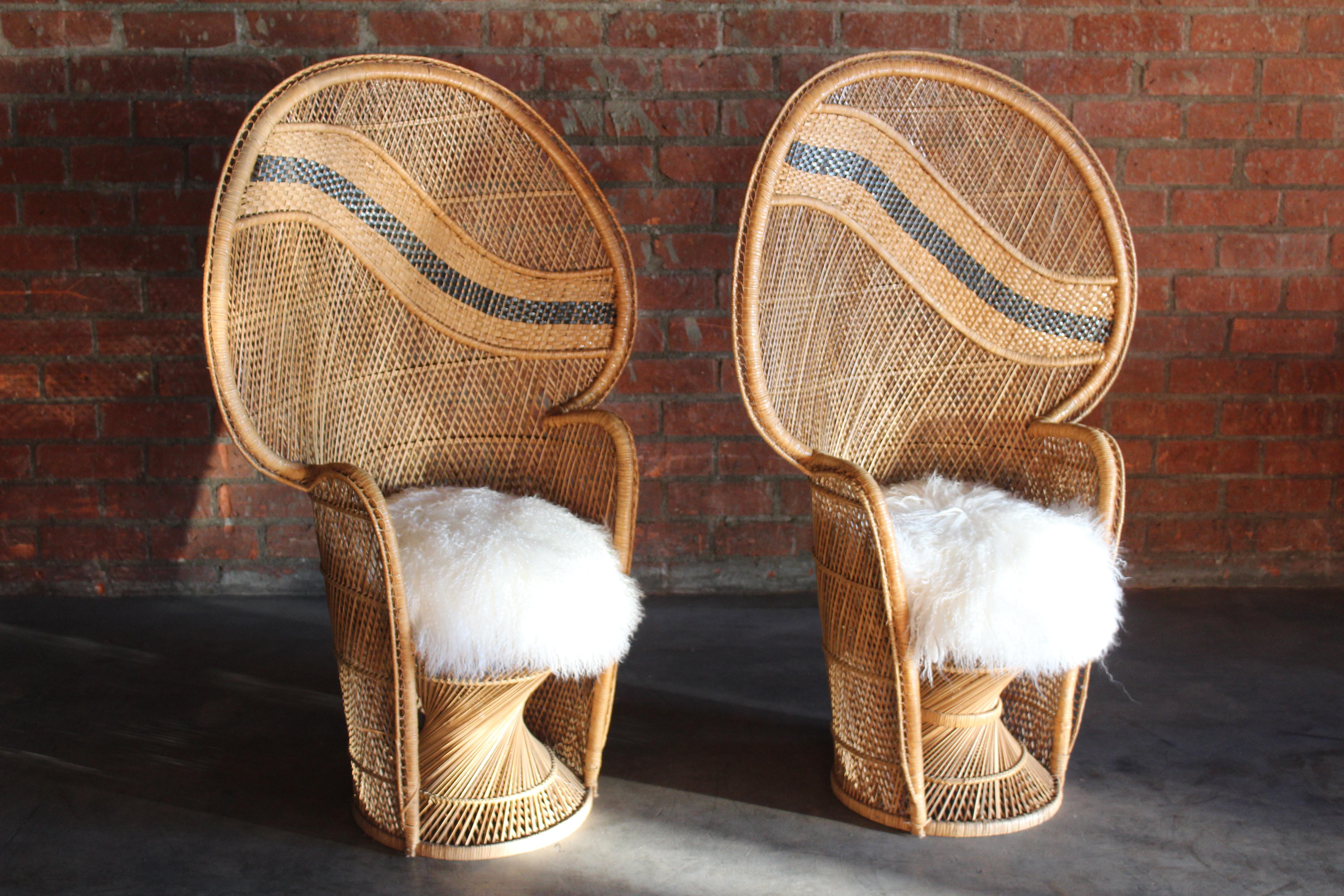 Vintage Rattan & Wicker Emmanuelle Peacock Chairs, France, 1960s In Good Condition In Los Angeles, CA