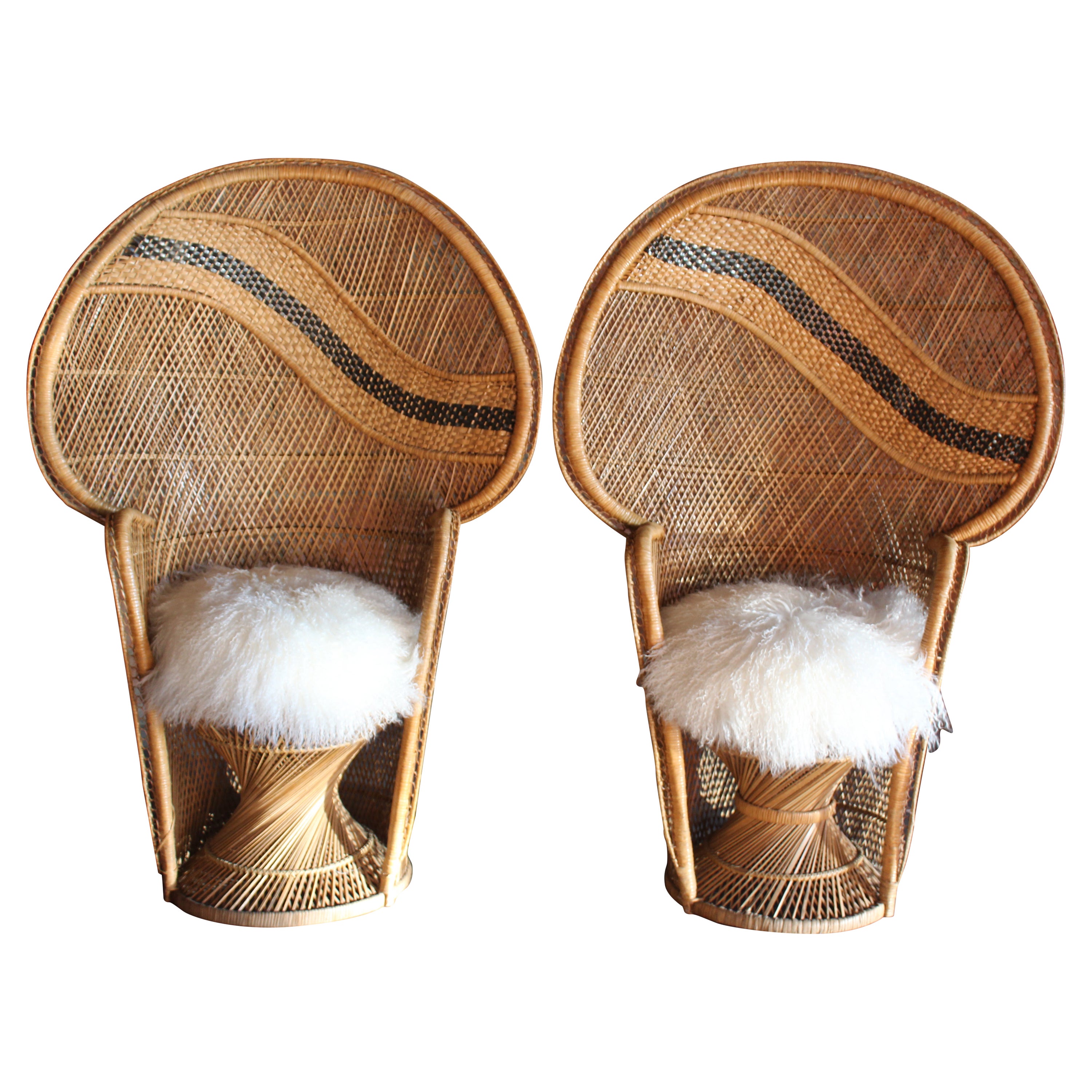 Vintage Rattan 
Wicker Emmanuelle Peacock Chairs, France, 1960s