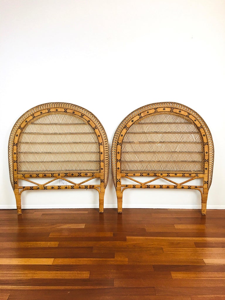 Vintage Rattan Wicker "Peacock" Style Twin Headboards at 1stDibs