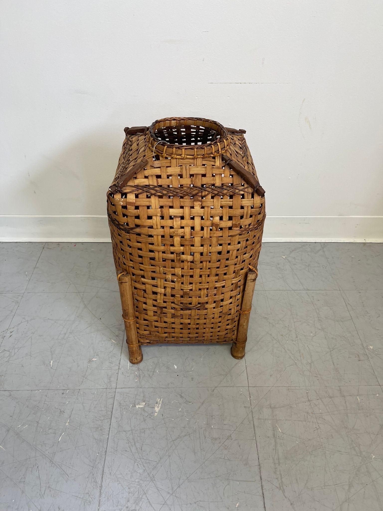 Rustic Basket with Intricate Detailing. Possibly Bamboo Legs. Wear and Tear Consistent with age as Pictured.

Dimensions. 12 W ; 12 D ; 21 H