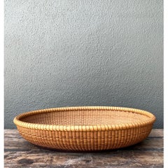 Vintage Rattan Woven Nantucket Basket With Wood Base