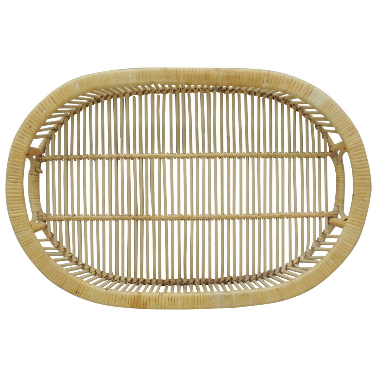 Vintage Rattan Woven Oval Serving Tray with Handles at 1stDibs