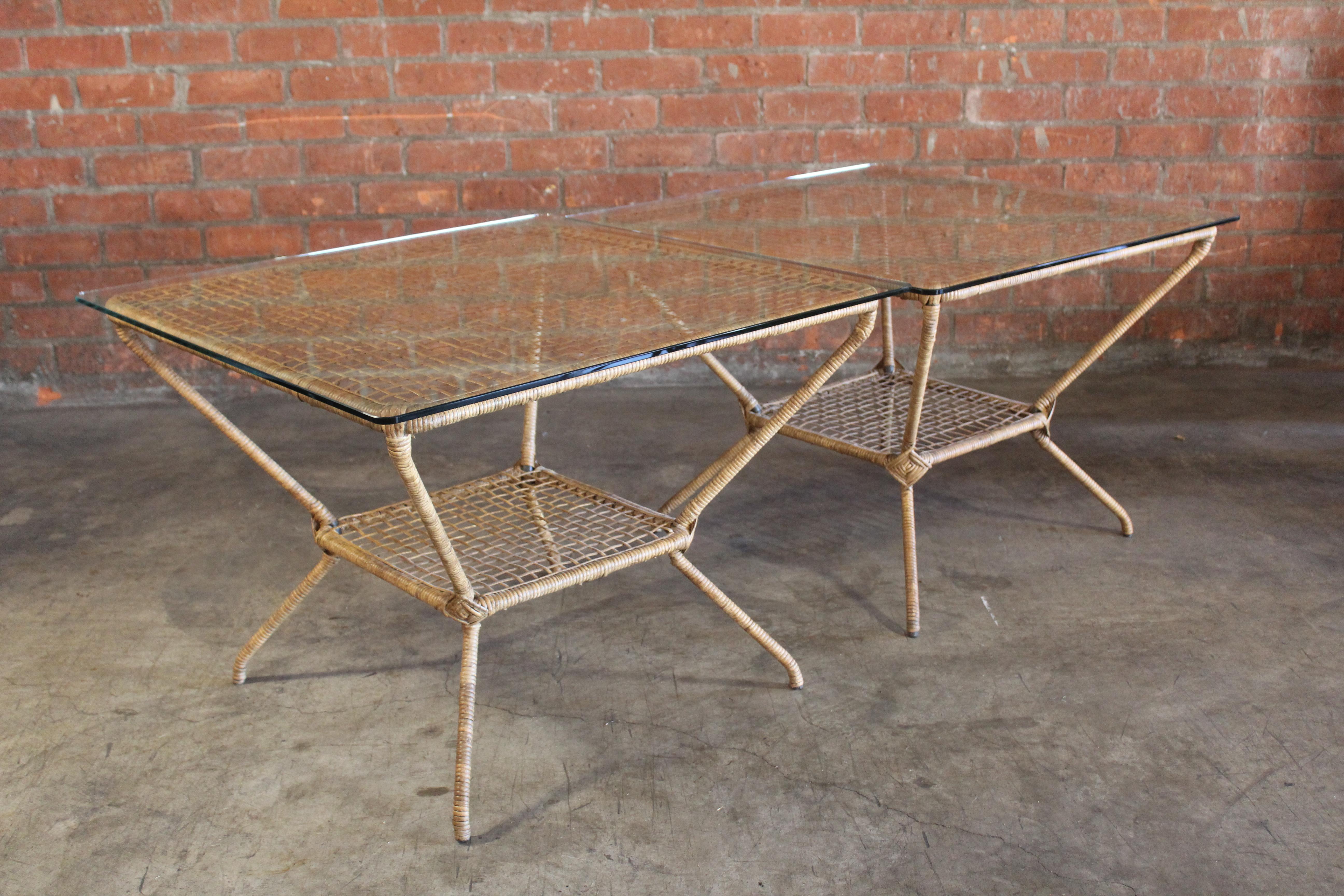 Vintage Rattan Wrapped Patio Tables with Glass Tops, France, 1960s For ...