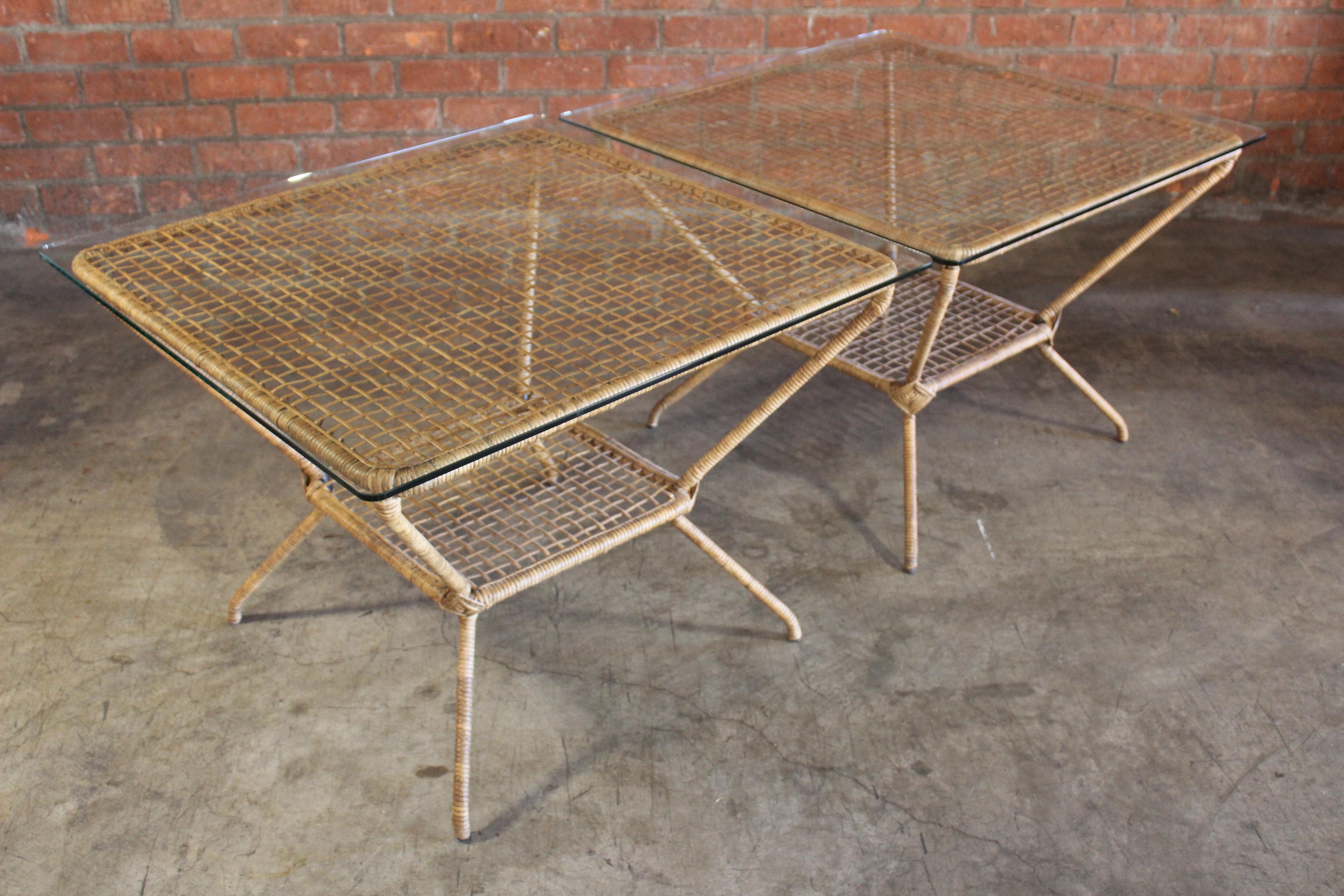Vintage Rattan Wrapped Patio Tables with Glass Tops, France, 1960s For