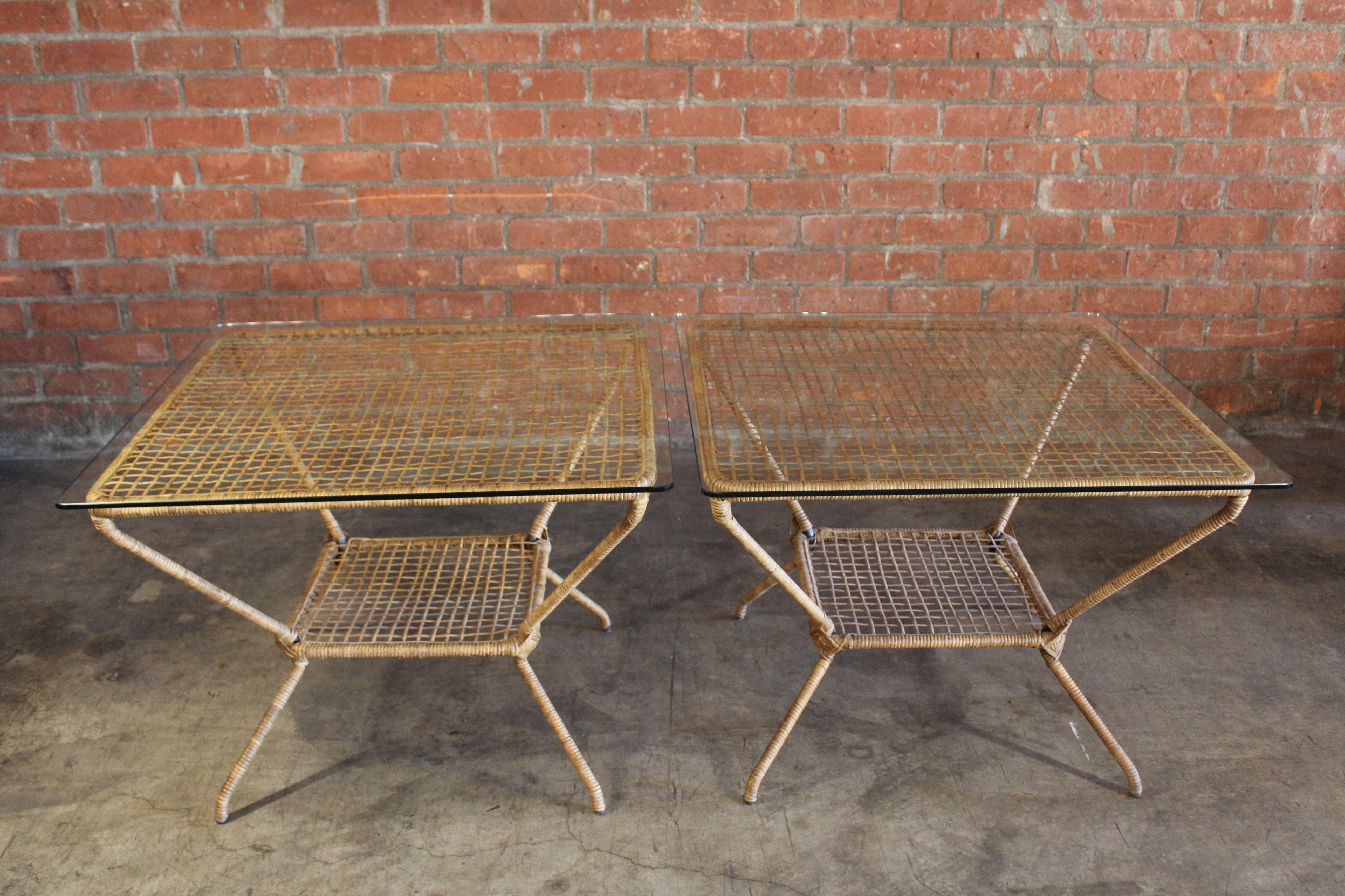 Vintage Rattan Wrapped Patio Tables with Glass Tops, France, 1960s For