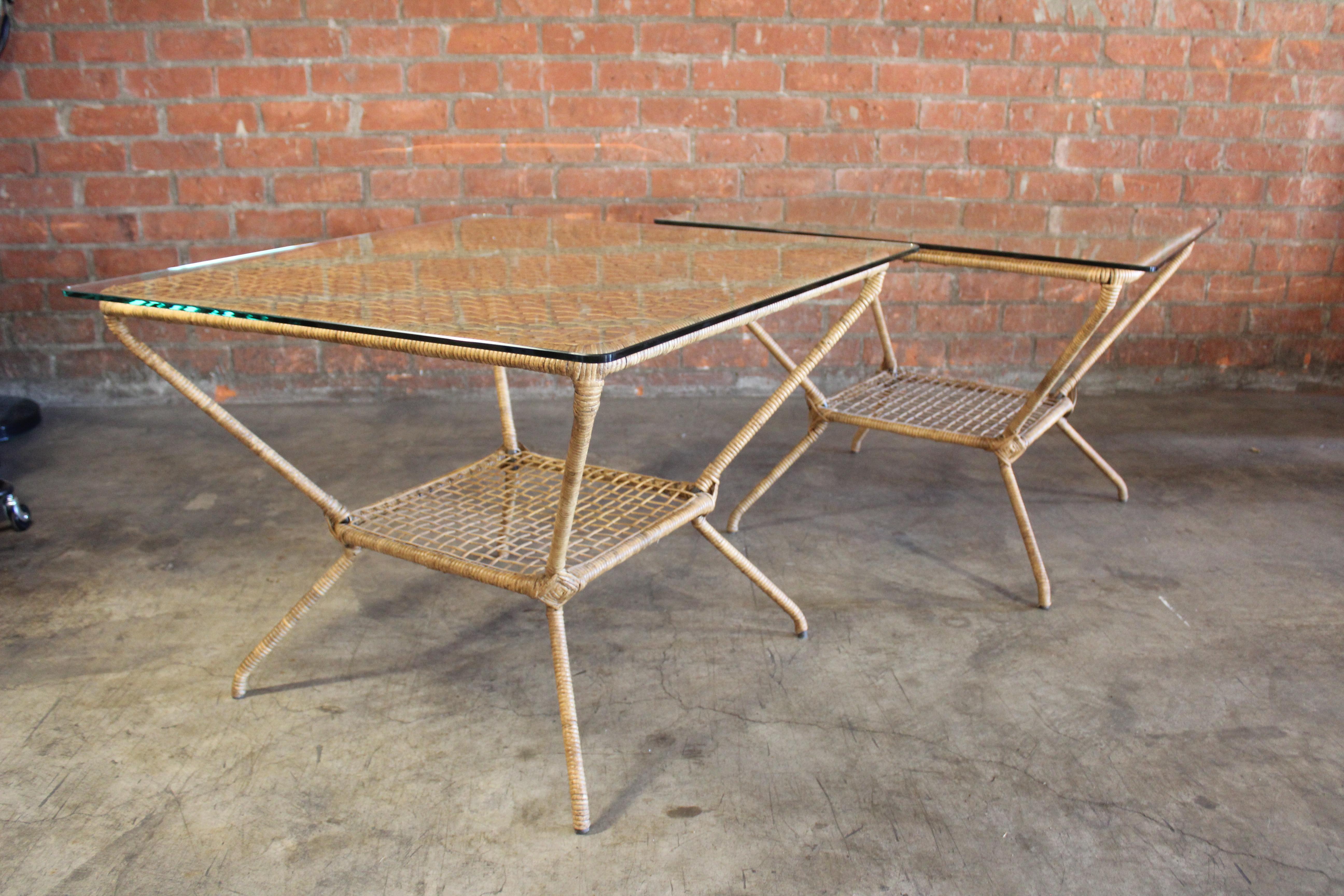 Vintage Rattan Wrapped Patio Tables with Glass Tops, France, 1960s For
