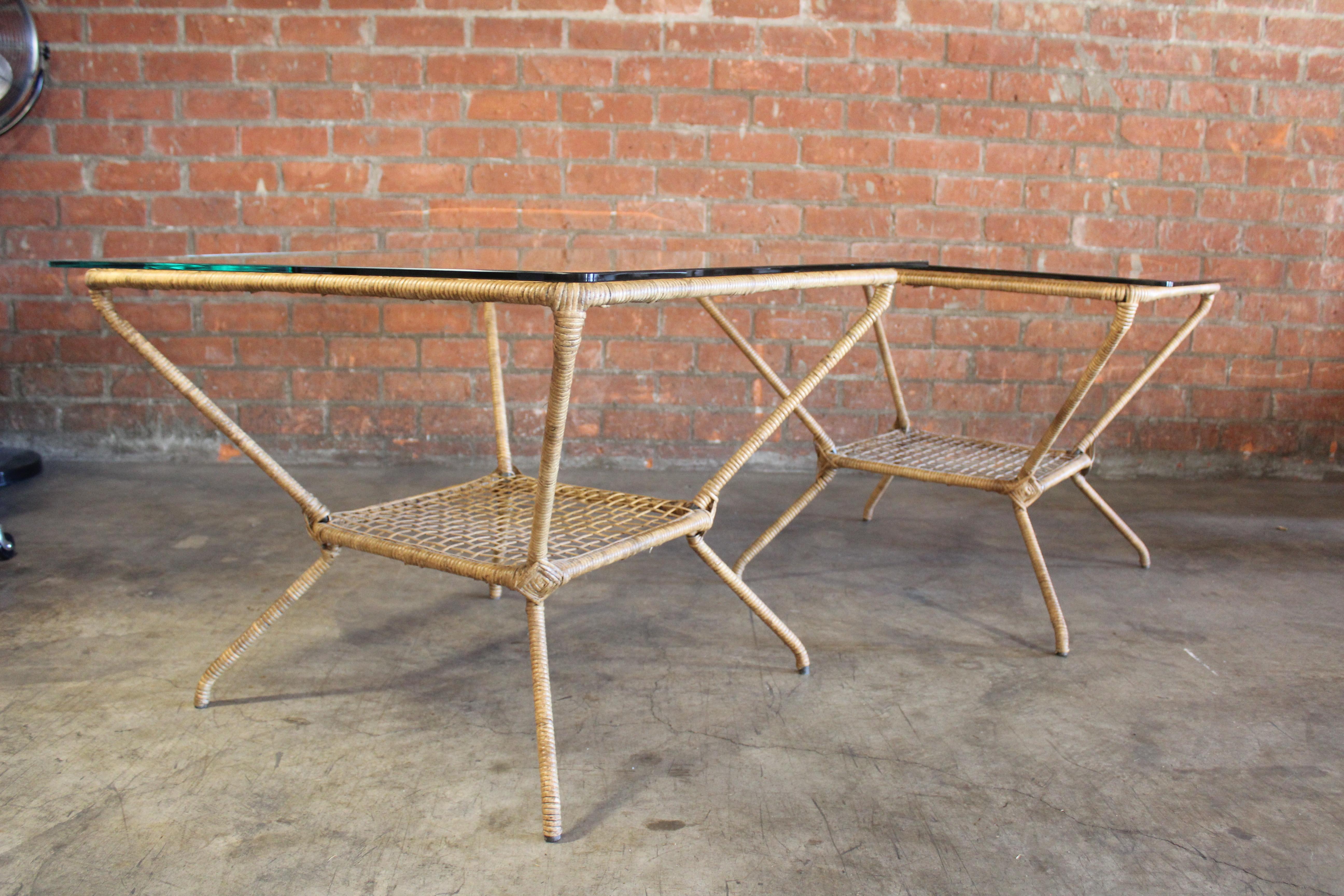 Vintage Rattan Wrapped Patio Tables with Glass Tops, France, 1960s For