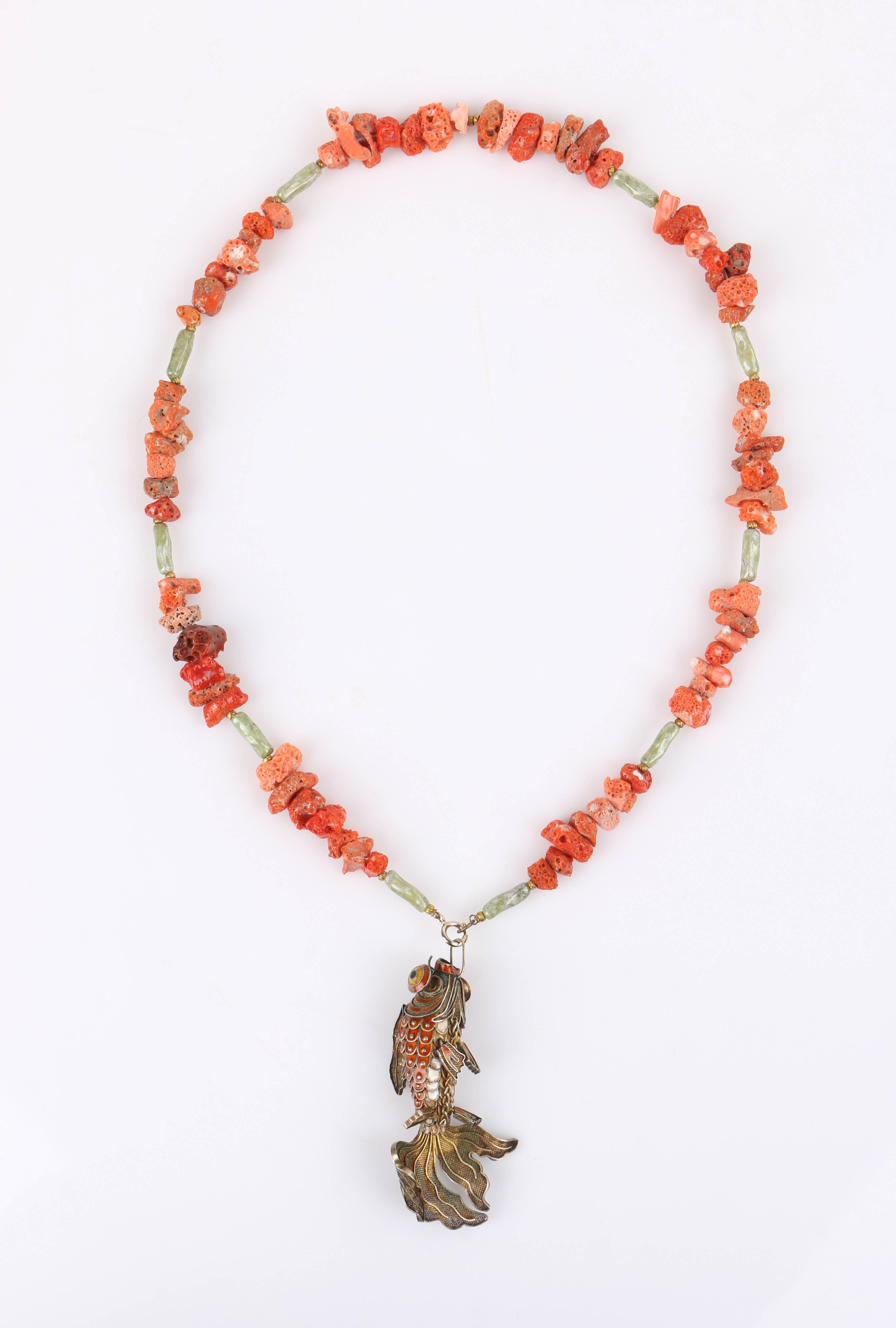 Women's Vintage Raw Coral & Jade Articulated Cloisonne Enamel Koi Fish Pendant Necklace For Sale