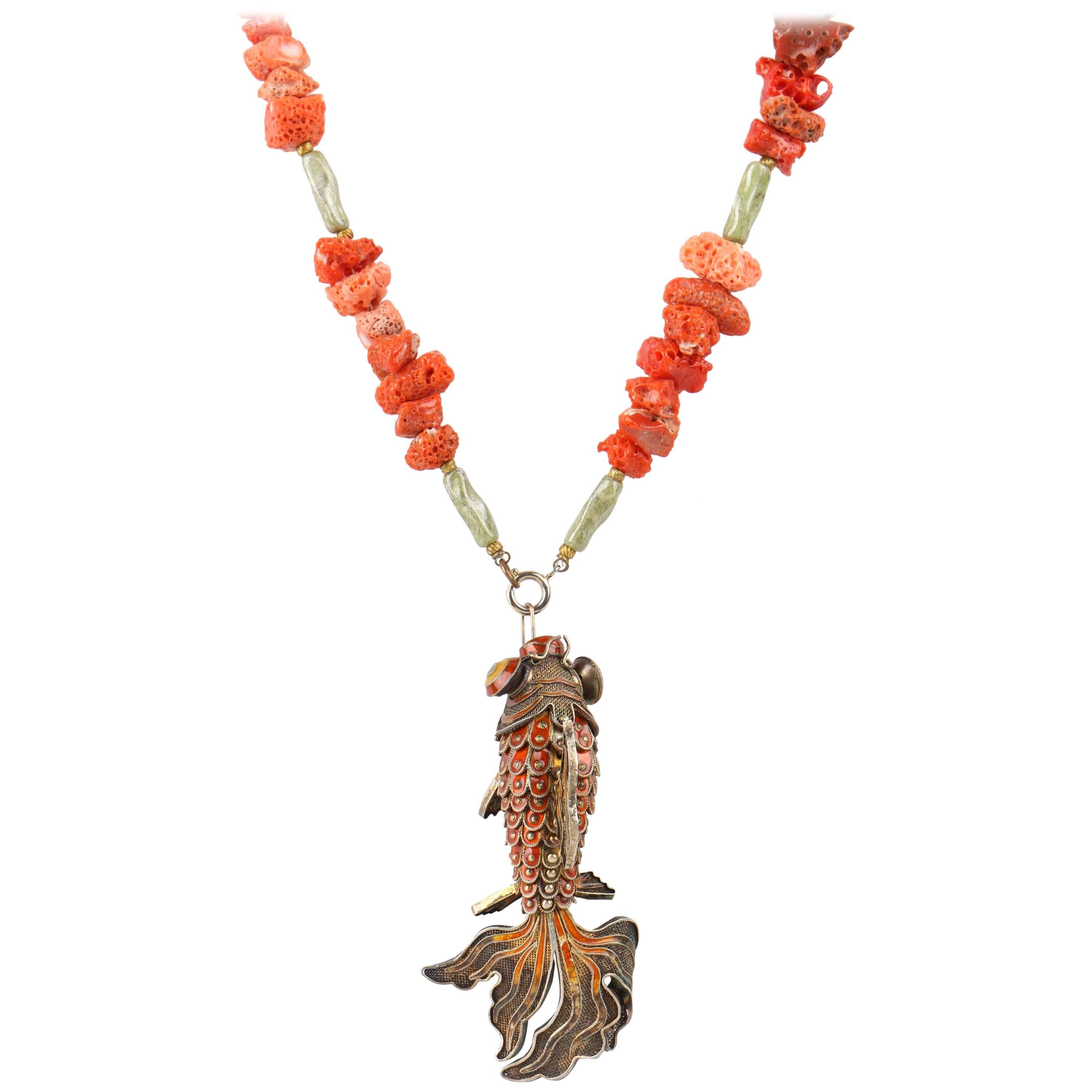 Vintage Raw Coral & Jade Articulated Cloisonne Enamel Koi Fish Pendant Necklace