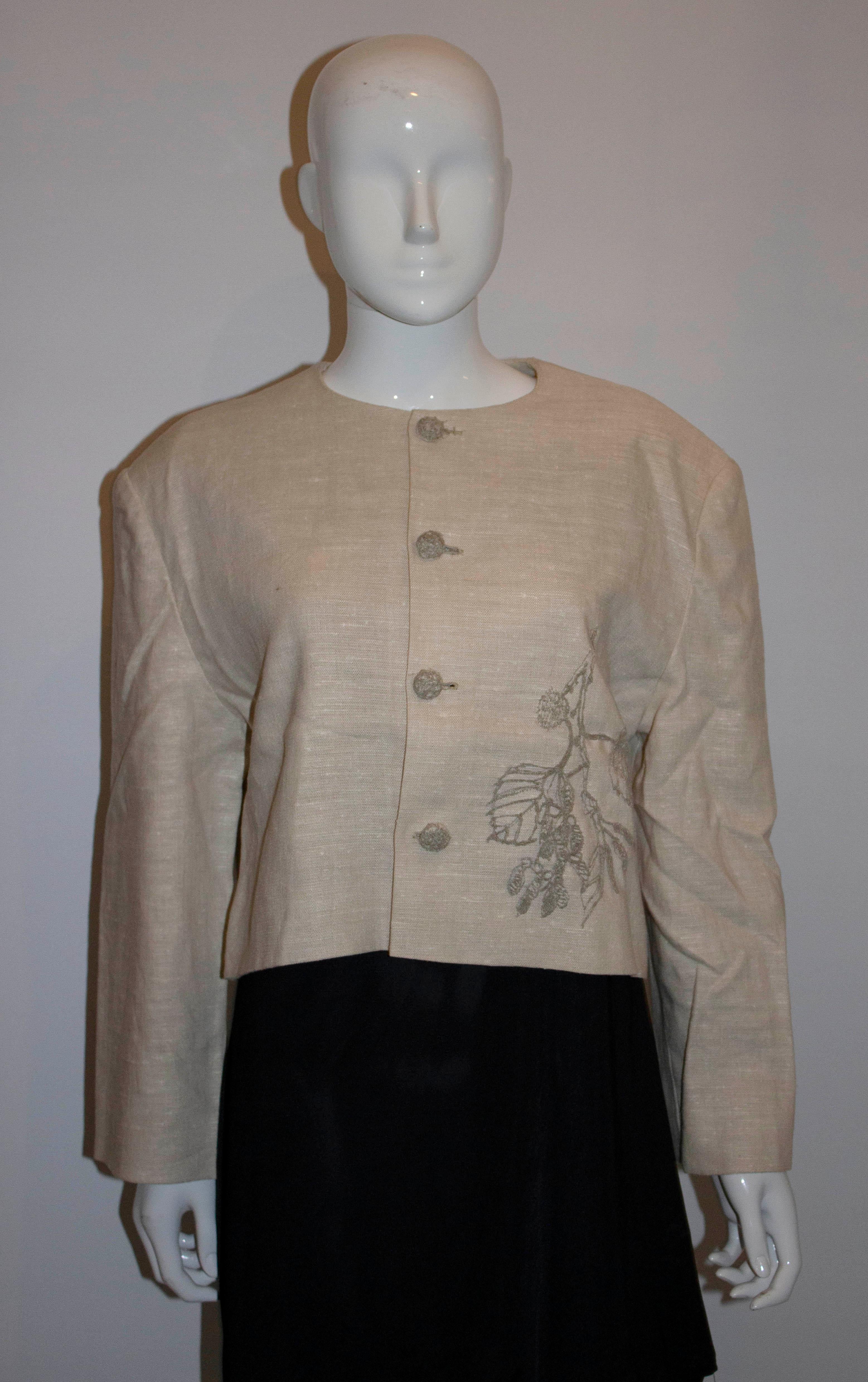 Brown Vintage Raw Linen Mix Jacket with Embroidery Detail For Sale